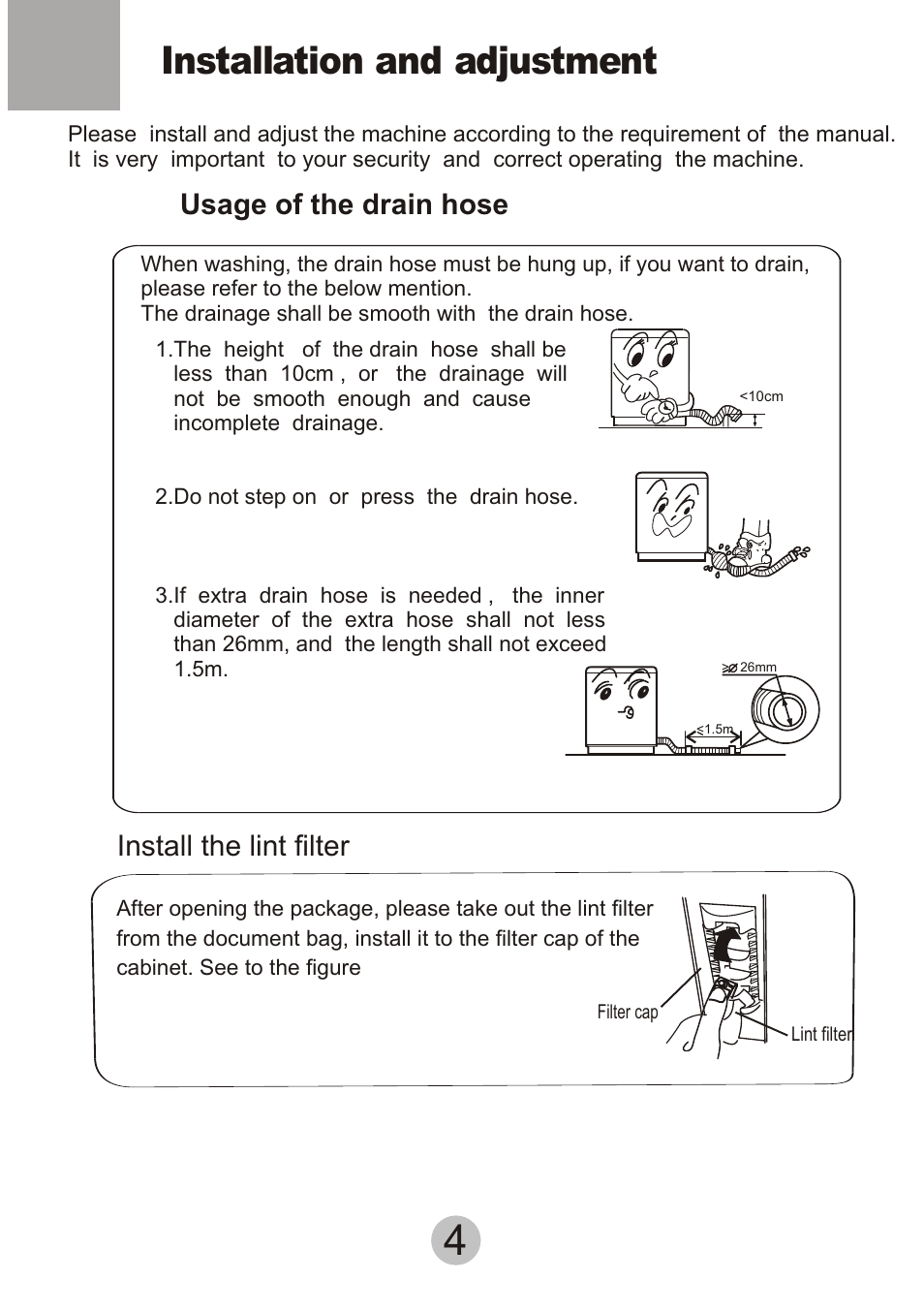 Т³гж 6, Installation and adjustment, Usage of the drain hose | Install the lint filter | Electra Accessories EW-2001MS User Manual | Page 6 / 11
