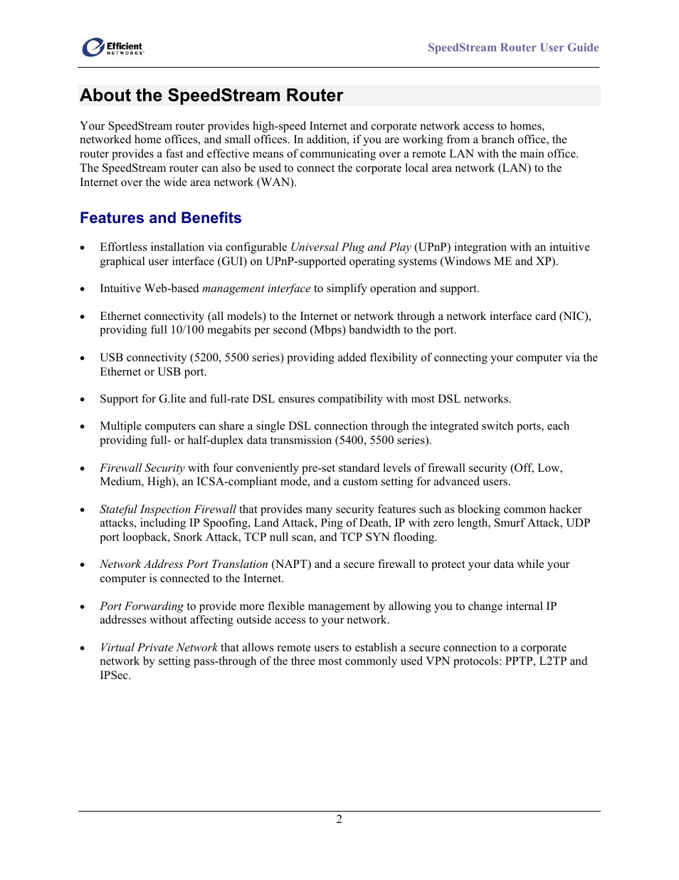 About the speedstream router, Features and benefits | Efficient Networks SpeedStream 5100 Series User Manual | Page 10 / 80