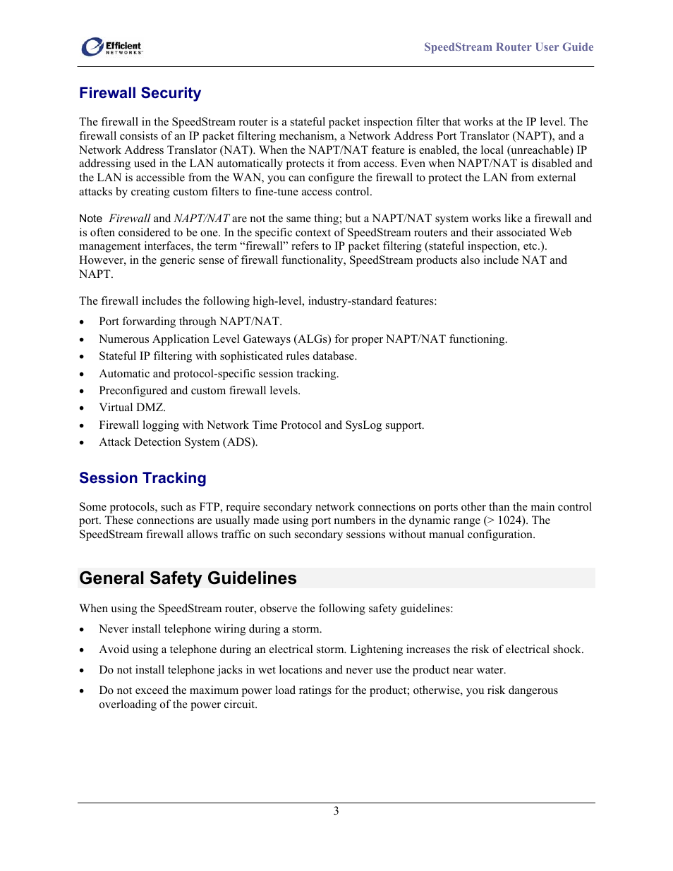 General safety guidelines, Firewall security, Session tracking | Efficient Networks SpeedStream 5100 Series User Manual | Page 11 / 80