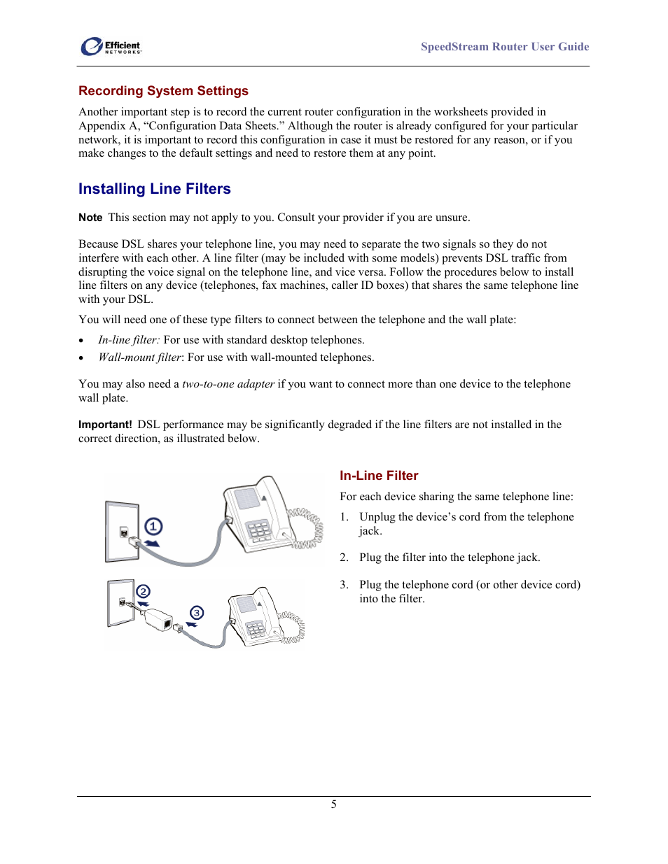 Installing line filters | Efficient Networks SpeedStream 5100 Series User Manual | Page 13 / 80