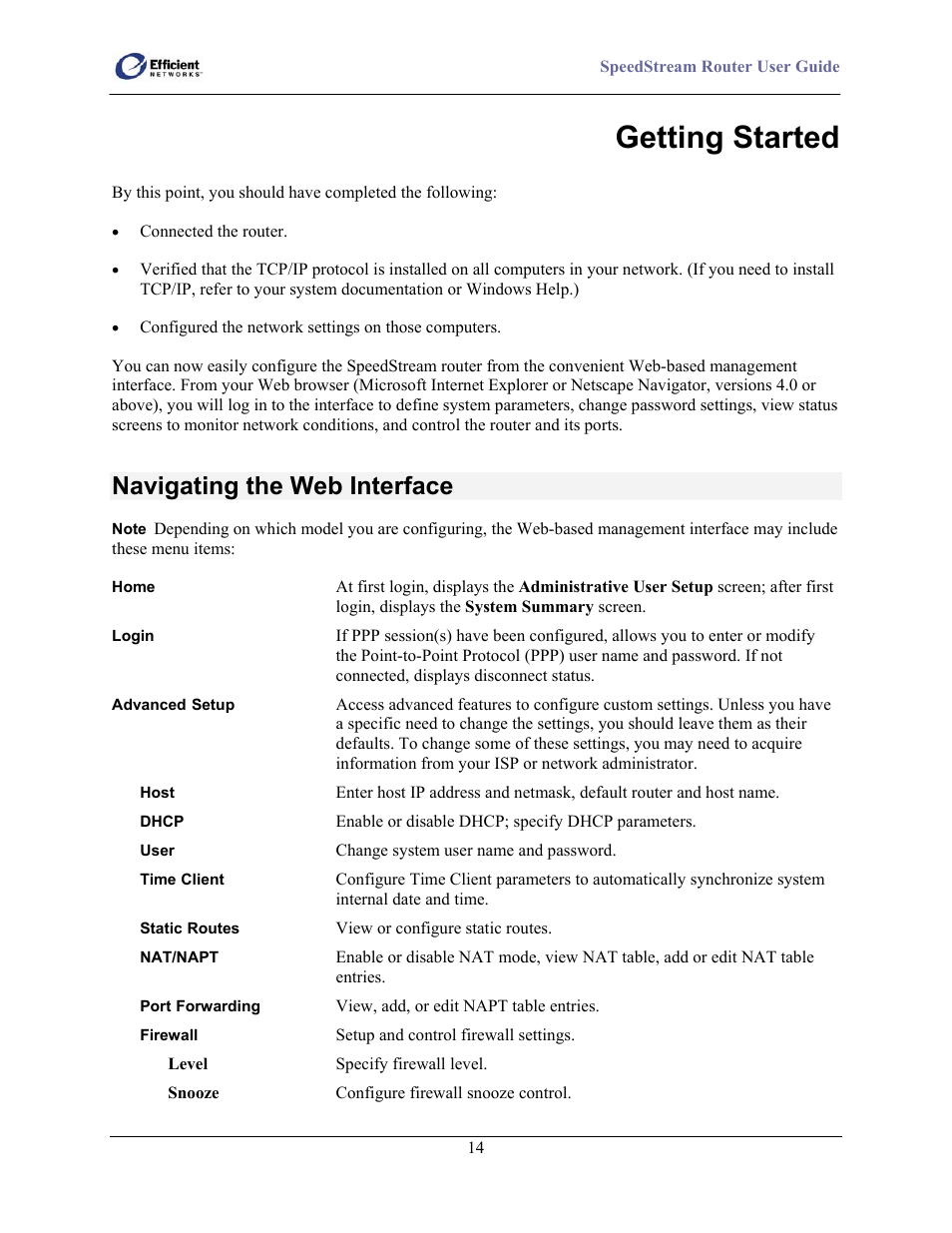 Getting started, Navigating the web interface | Efficient Networks SpeedStream 5100 Series User Manual | Page 22 / 80