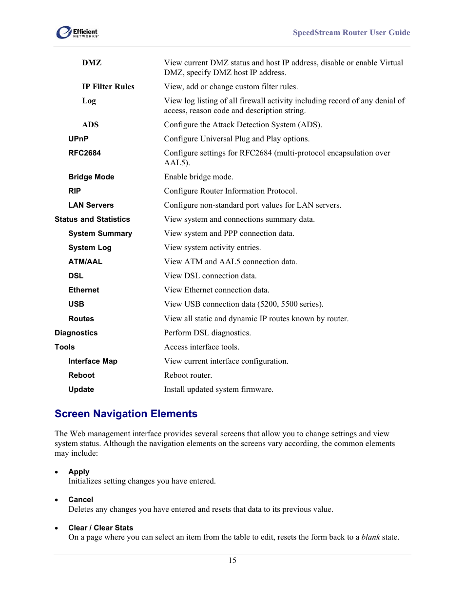 Screen navigation elements | Efficient Networks SpeedStream 5100 Series User Manual | Page 23 / 80