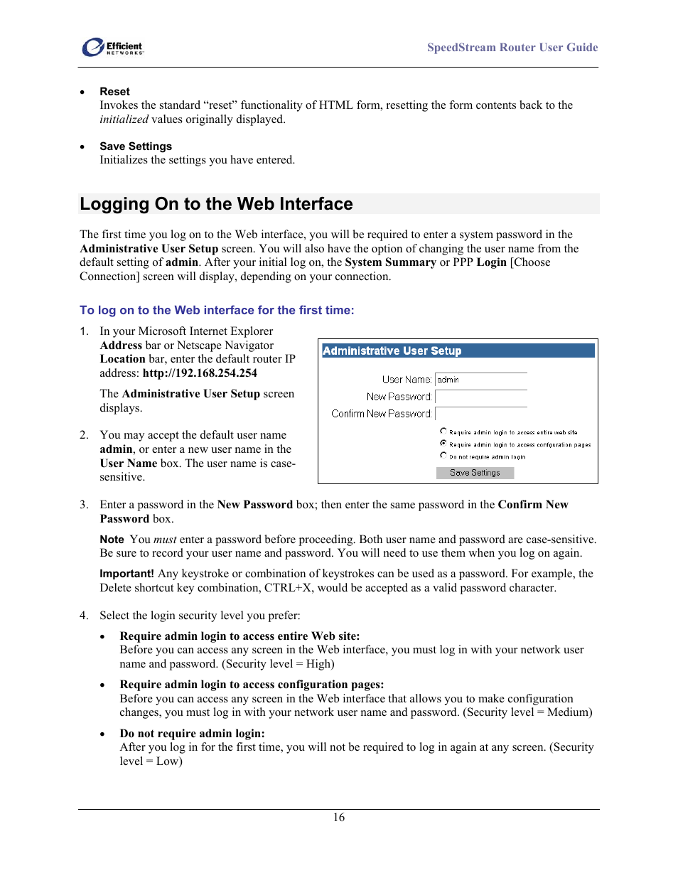 Logging on to the web interface | Efficient Networks SpeedStream 5100 Series User Manual | Page 24 / 80