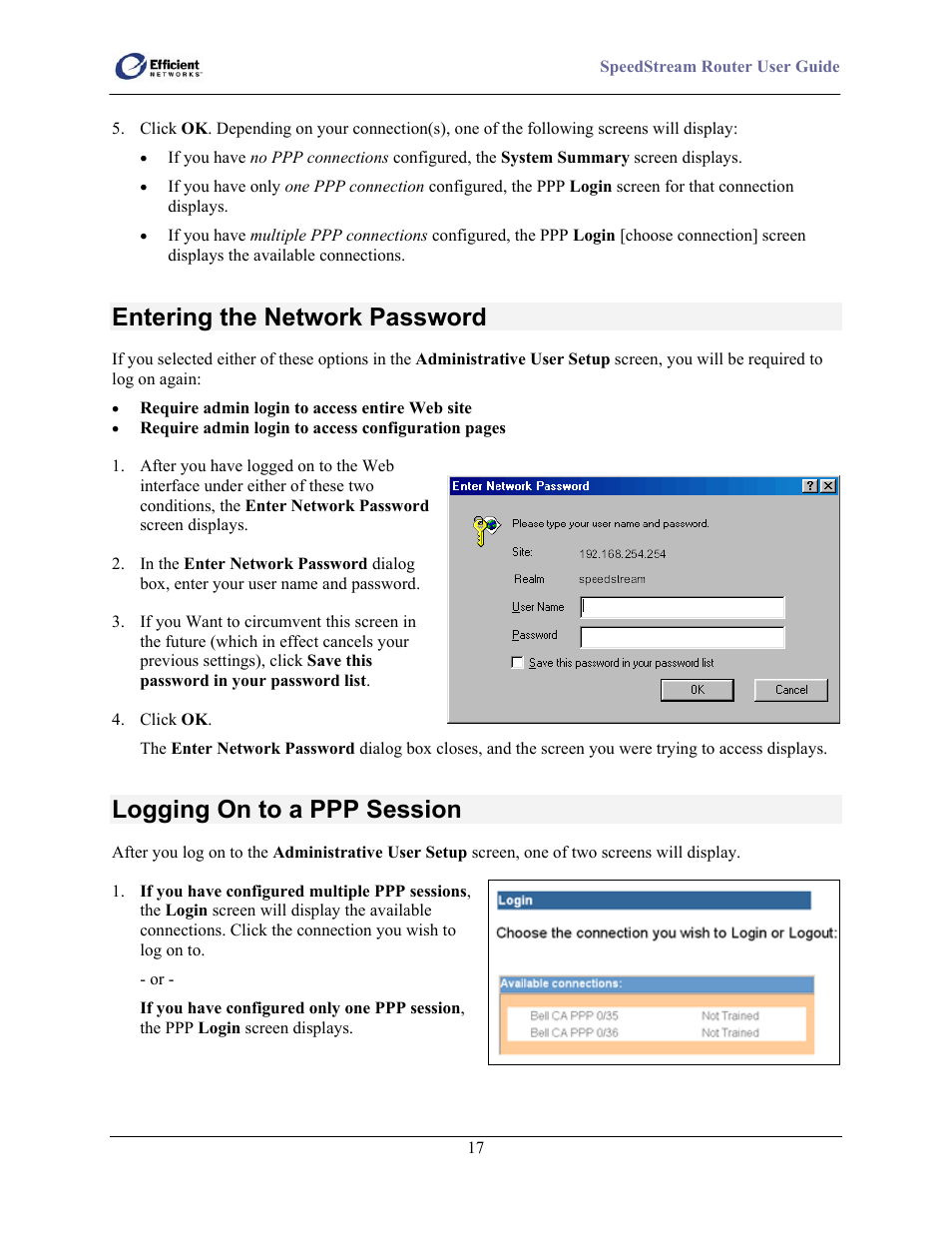 Dialog box, Entering the network password, Logging on to a ppp session | Efficient Networks SpeedStream 5100 Series User Manual | Page 25 / 80