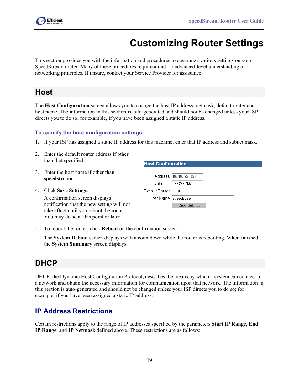 Customizing router settings, Host, Dhcp | Efficient Networks SpeedStream 5100 Series User Manual | Page 27 / 80