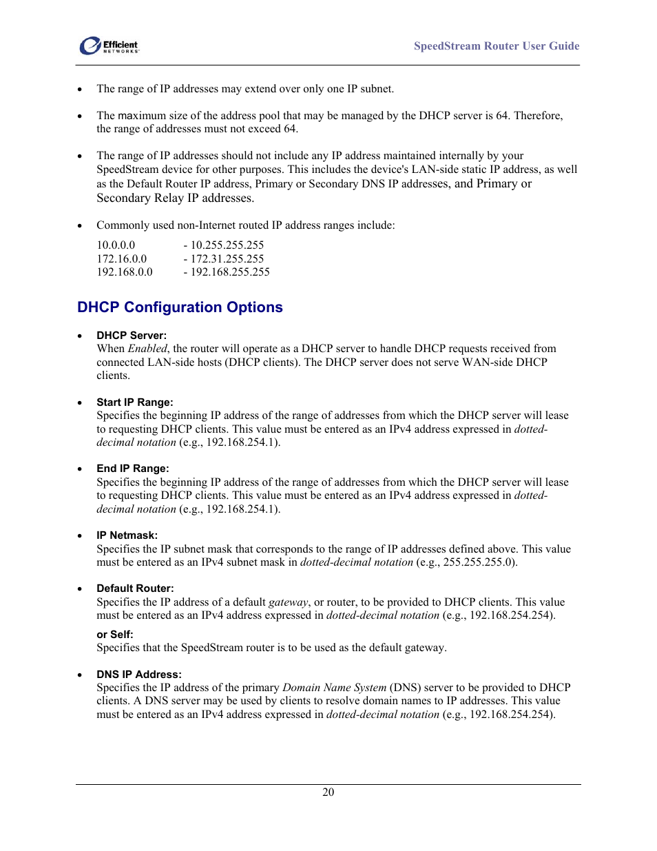 Dhcp configuration options | Efficient Networks SpeedStream 5100 Series User Manual | Page 28 / 80