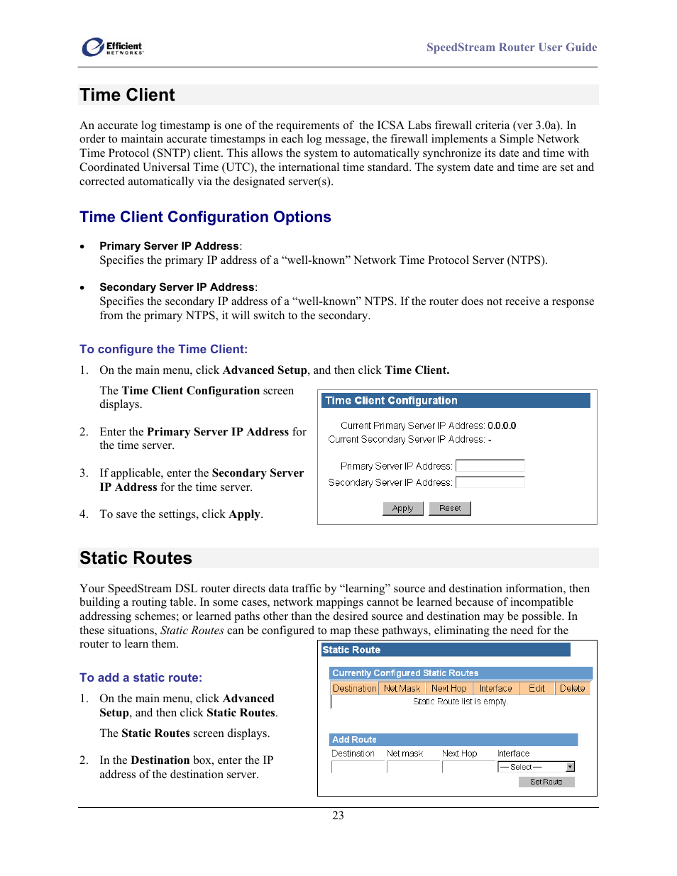 Time client, Static routes, Time client configuration options | Efficient Networks SpeedStream 5100 Series User Manual | Page 31 / 80