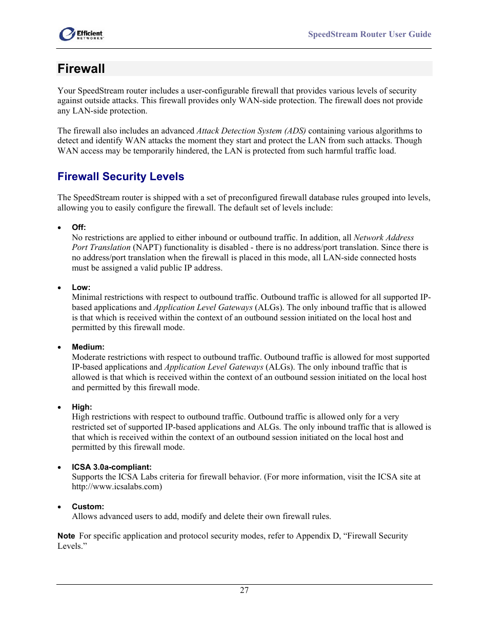 Firewall, Firewall security levels | Efficient Networks SpeedStream 5100 Series User Manual | Page 35 / 80