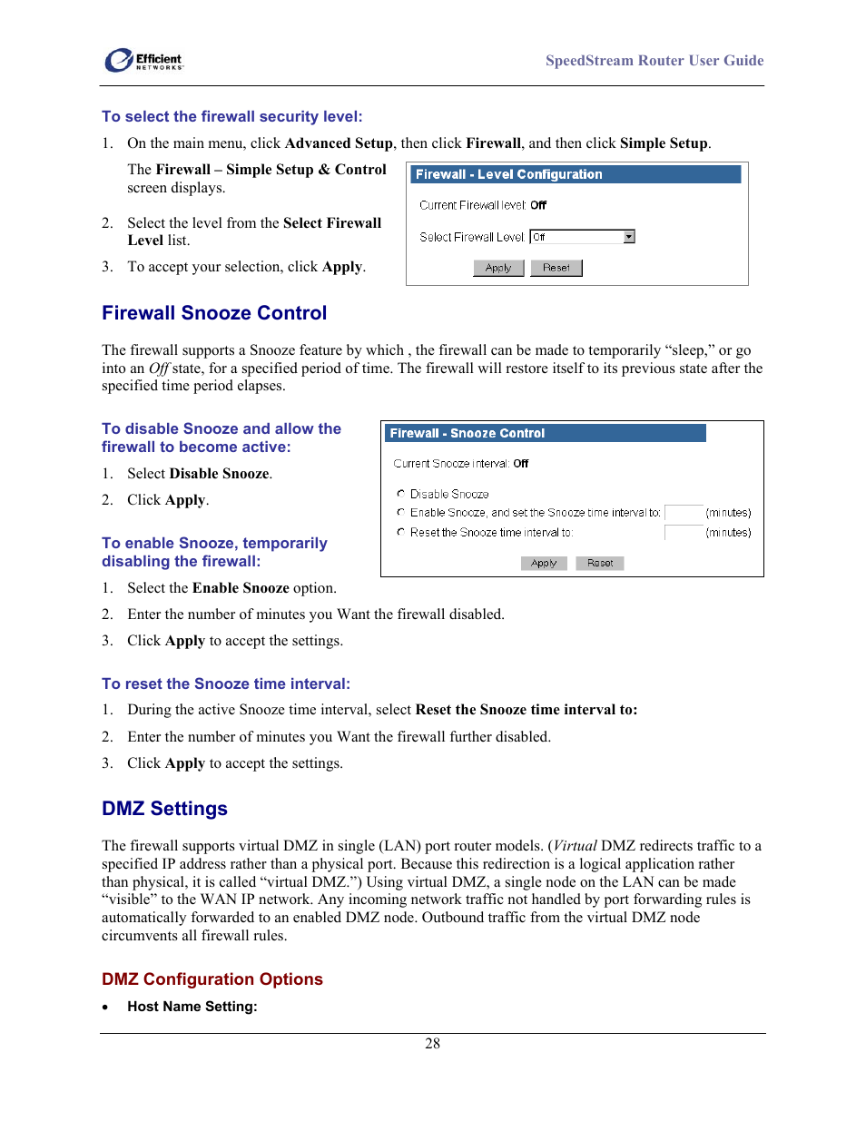 Firewall snooze control, Dmz settings | Efficient Networks SpeedStream 5100 Series User Manual | Page 36 / 80