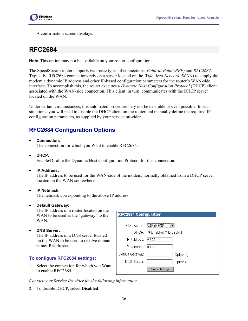 Rfc2684, Rfc2684 configuration options | Efficient Networks SpeedStream 5100 Series User Manual | Page 44 / 80