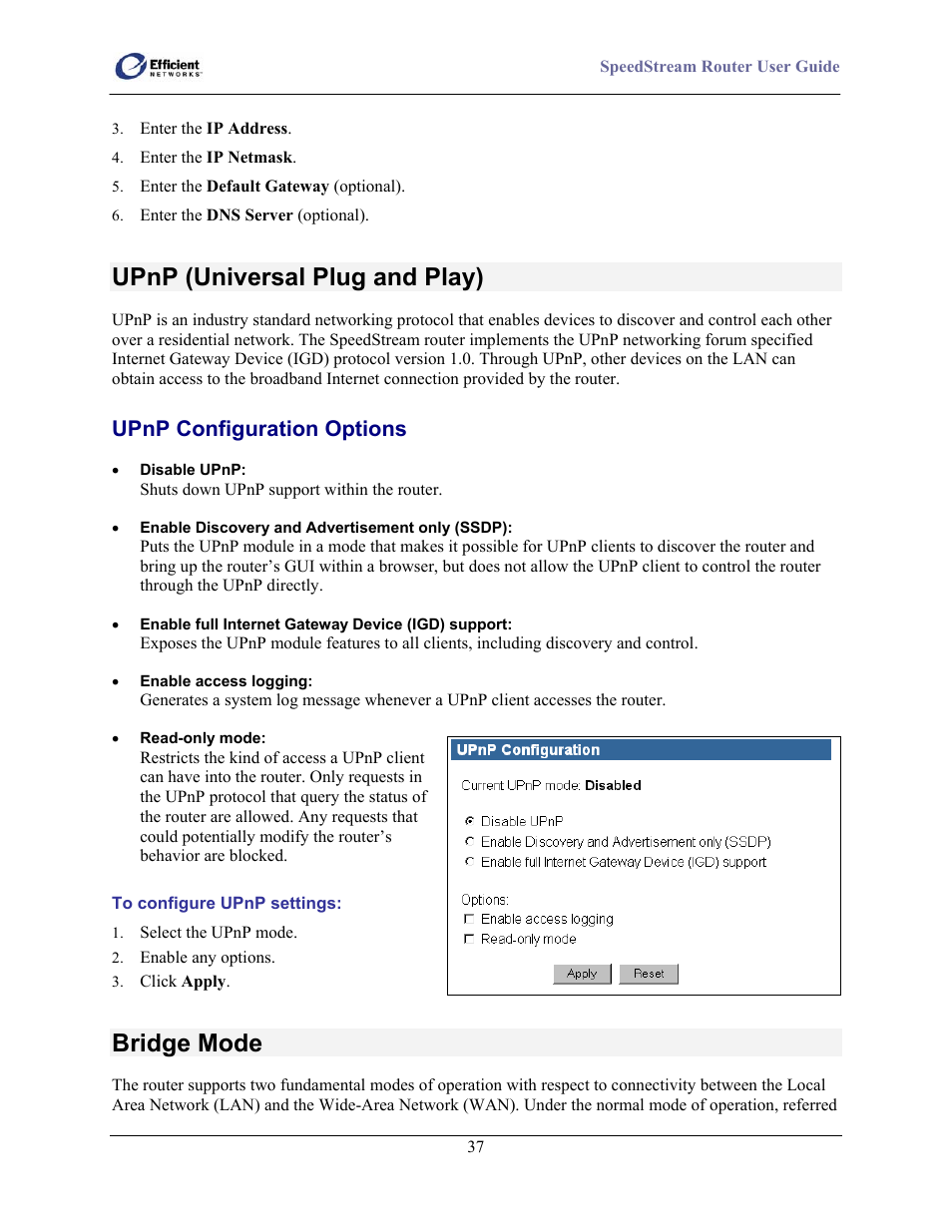 Upnp (universal plug and play), Bridge mode, Upnp configuration options | Efficient Networks SpeedStream 5100 Series User Manual | Page 45 / 80