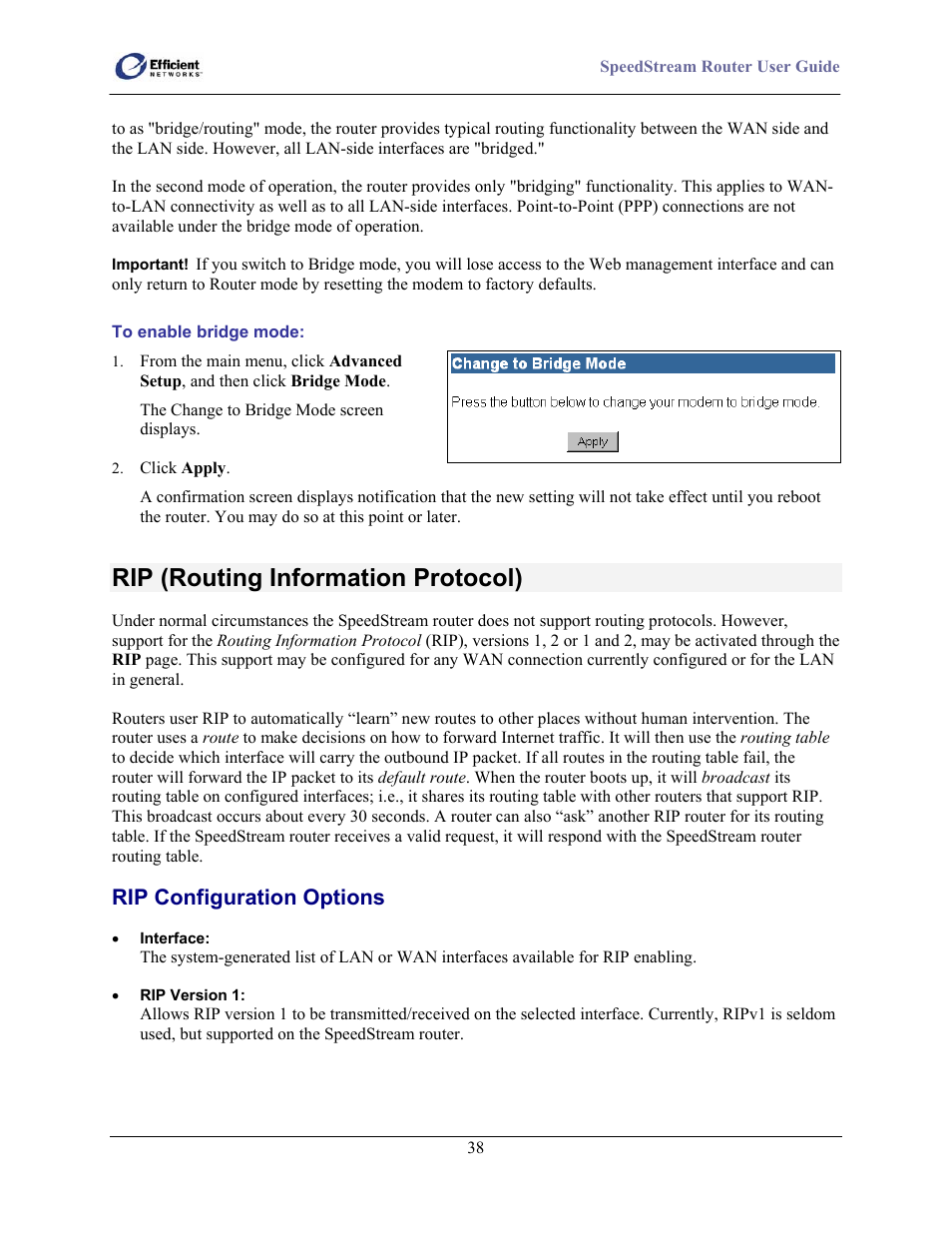 Rip (routing information protocol), Rip configuration options | Efficient Networks SpeedStream 5100 Series User Manual | Page 46 / 80