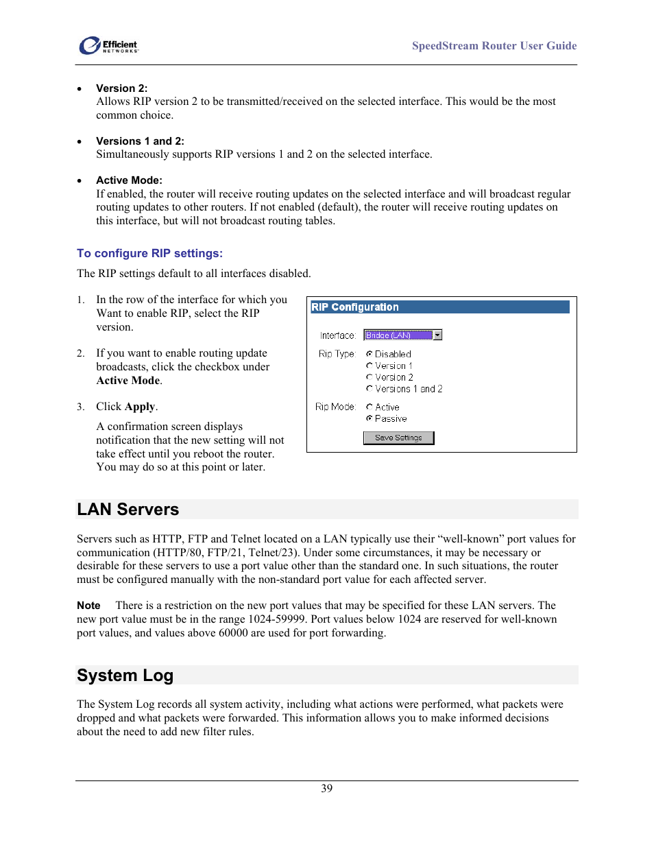 Lan servers, System log | Efficient Networks SpeedStream 5100 Series User Manual | Page 47 / 80