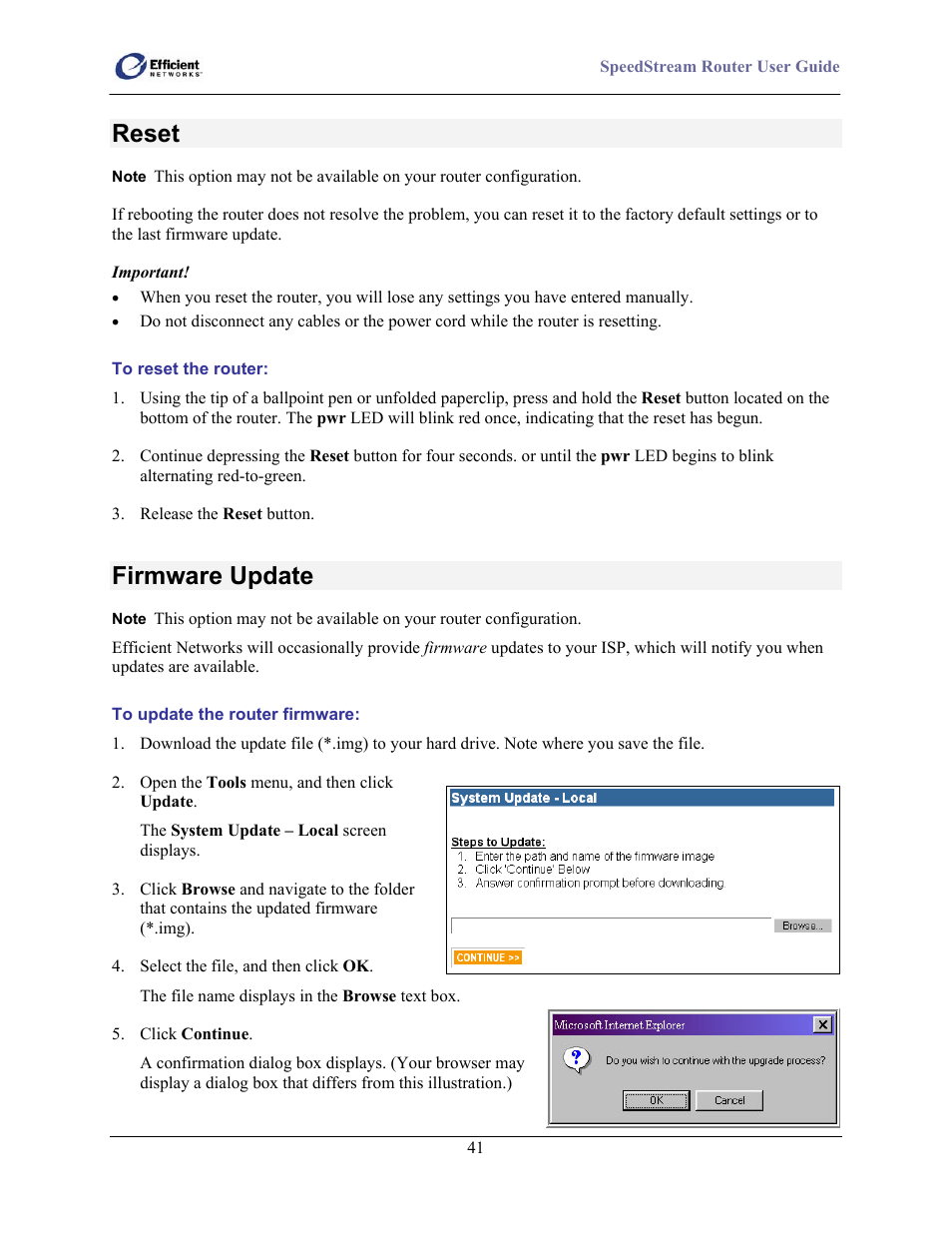 Reset, Firmware update | Efficient Networks SpeedStream 5100 Series User Manual | Page 49 / 80