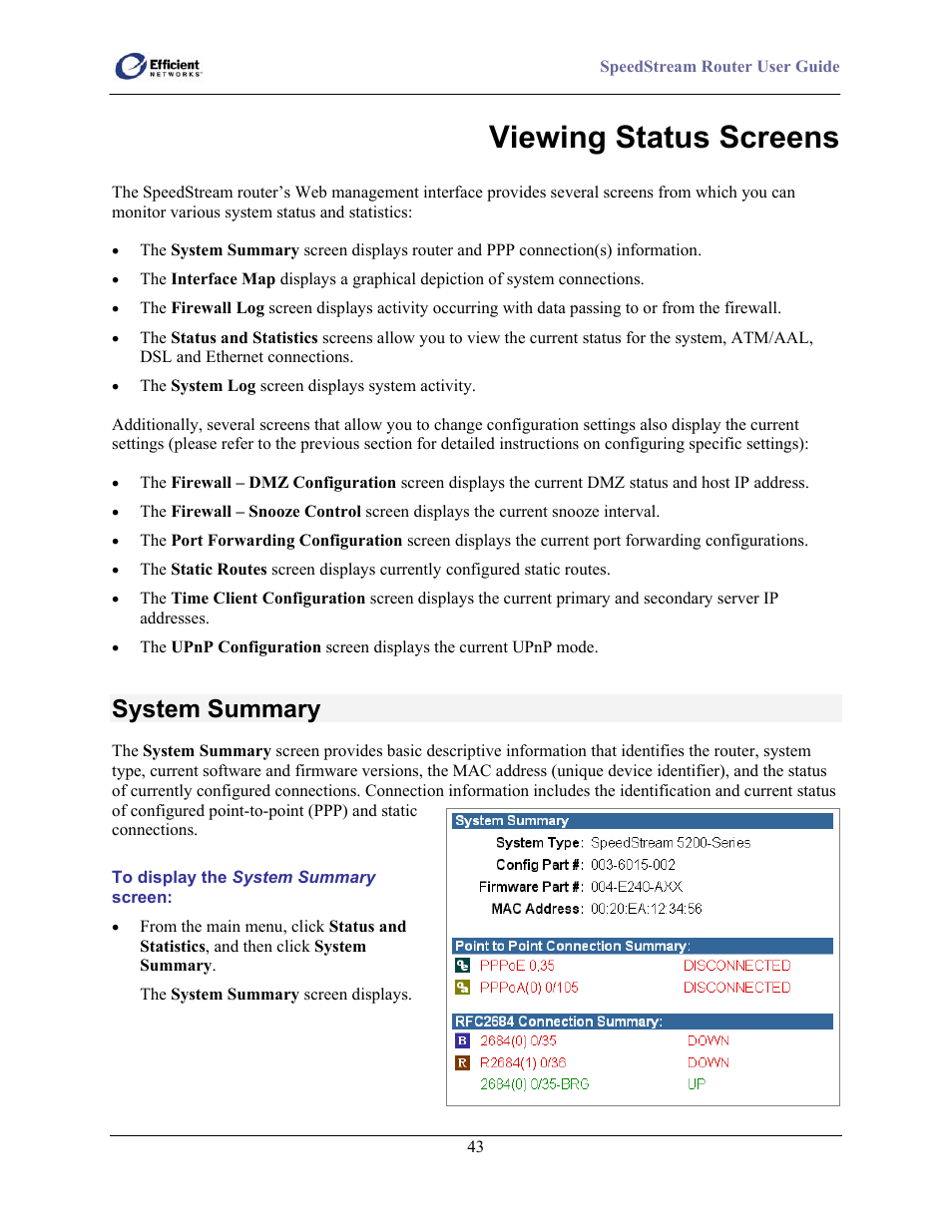Viewing status screens, System summary | Efficient Networks SpeedStream 5100 Series User Manual | Page 51 / 80