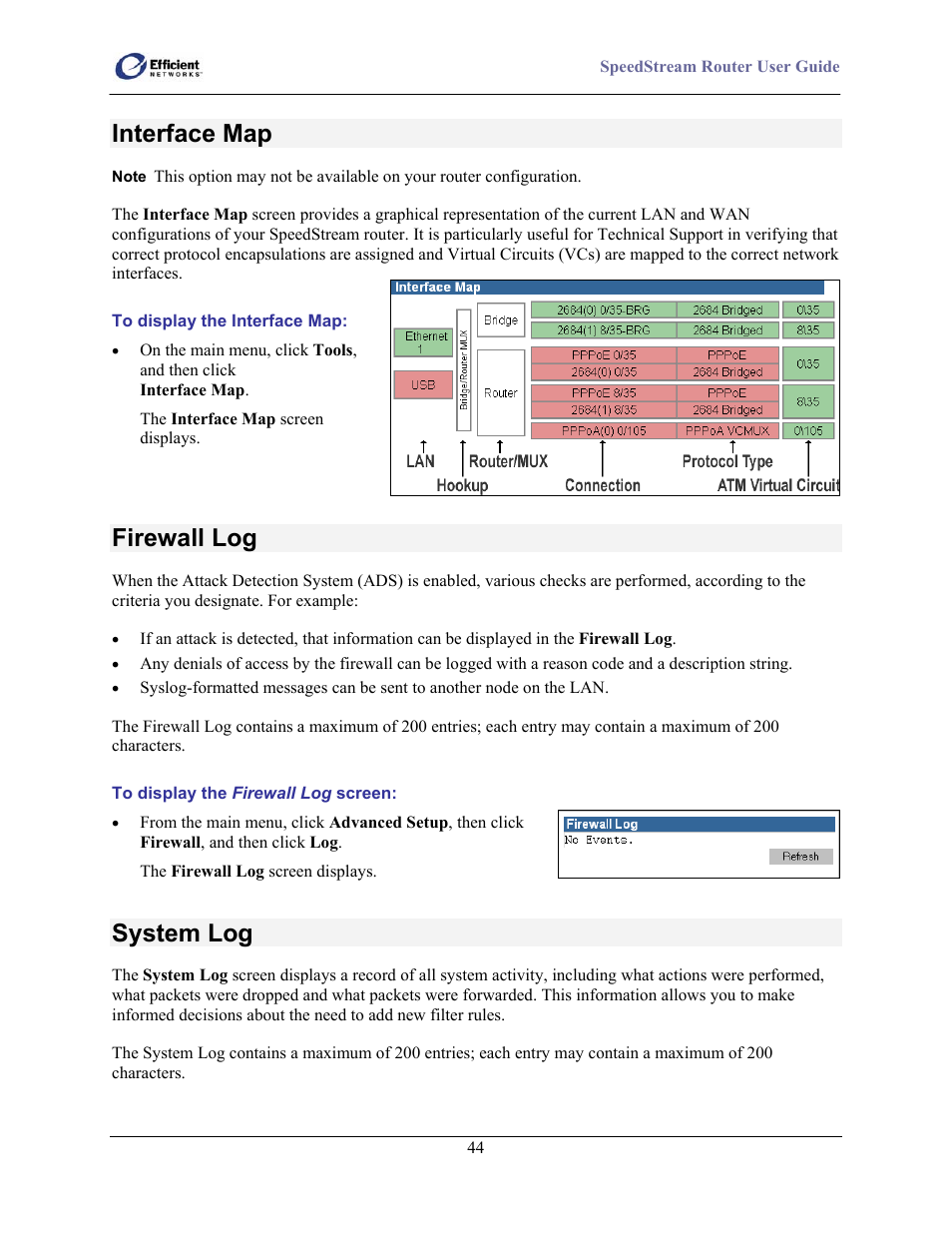 Interface map, Firewall log, System log | Efficient Networks SpeedStream 5100 Series User Manual | Page 52 / 80