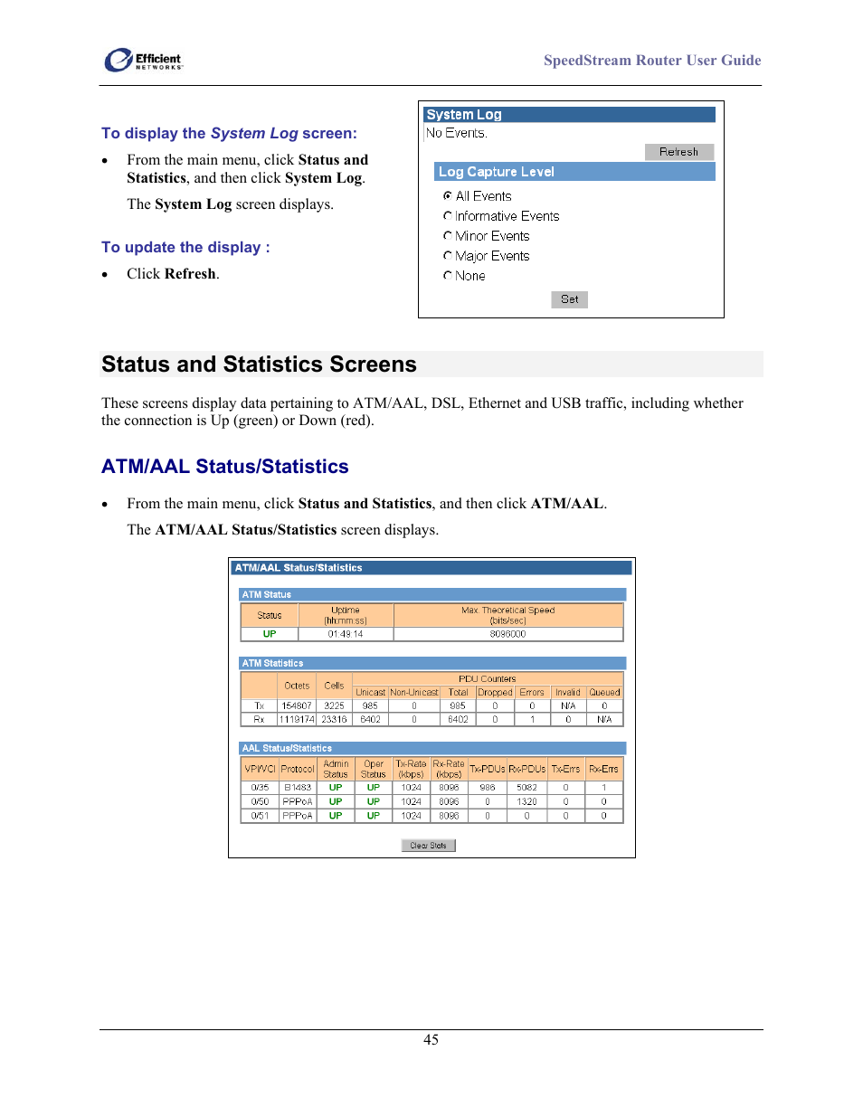 Status and statistics screens, Atm/aal status/statistics | Efficient Networks SpeedStream 5100 Series User Manual | Page 53 / 80