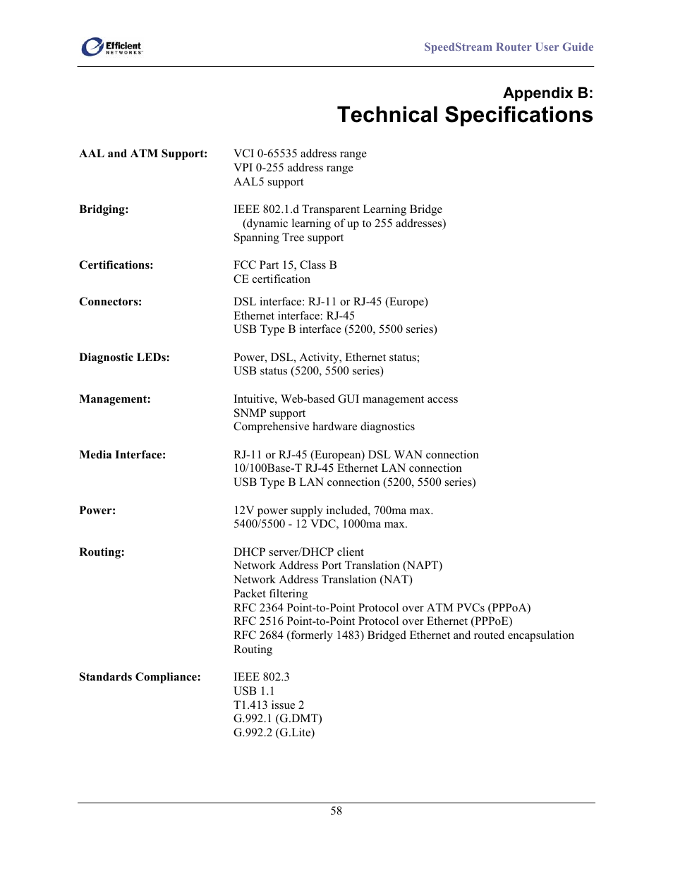 Technical specifications | Efficient Networks SpeedStream 5100 Series User Manual | Page 66 / 80