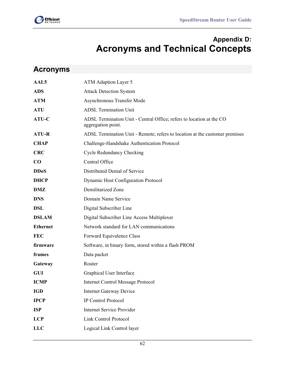 Acronyms and technical concepts, Acronyms, Appendix d | Efficient Networks SpeedStream 5100 Series User Manual | Page 70 / 80