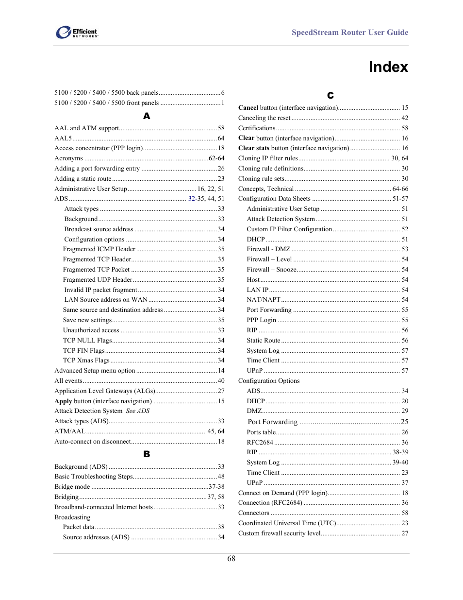 Index | Efficient Networks SpeedStream 5100 Series User Manual | Page 76 / 80