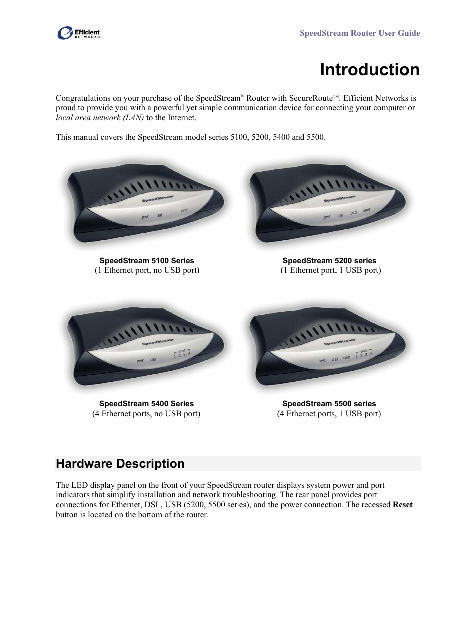 Introduction, Hardware description | Efficient Networks SpeedStream 5100 Series User Manual | Page 9 / 80