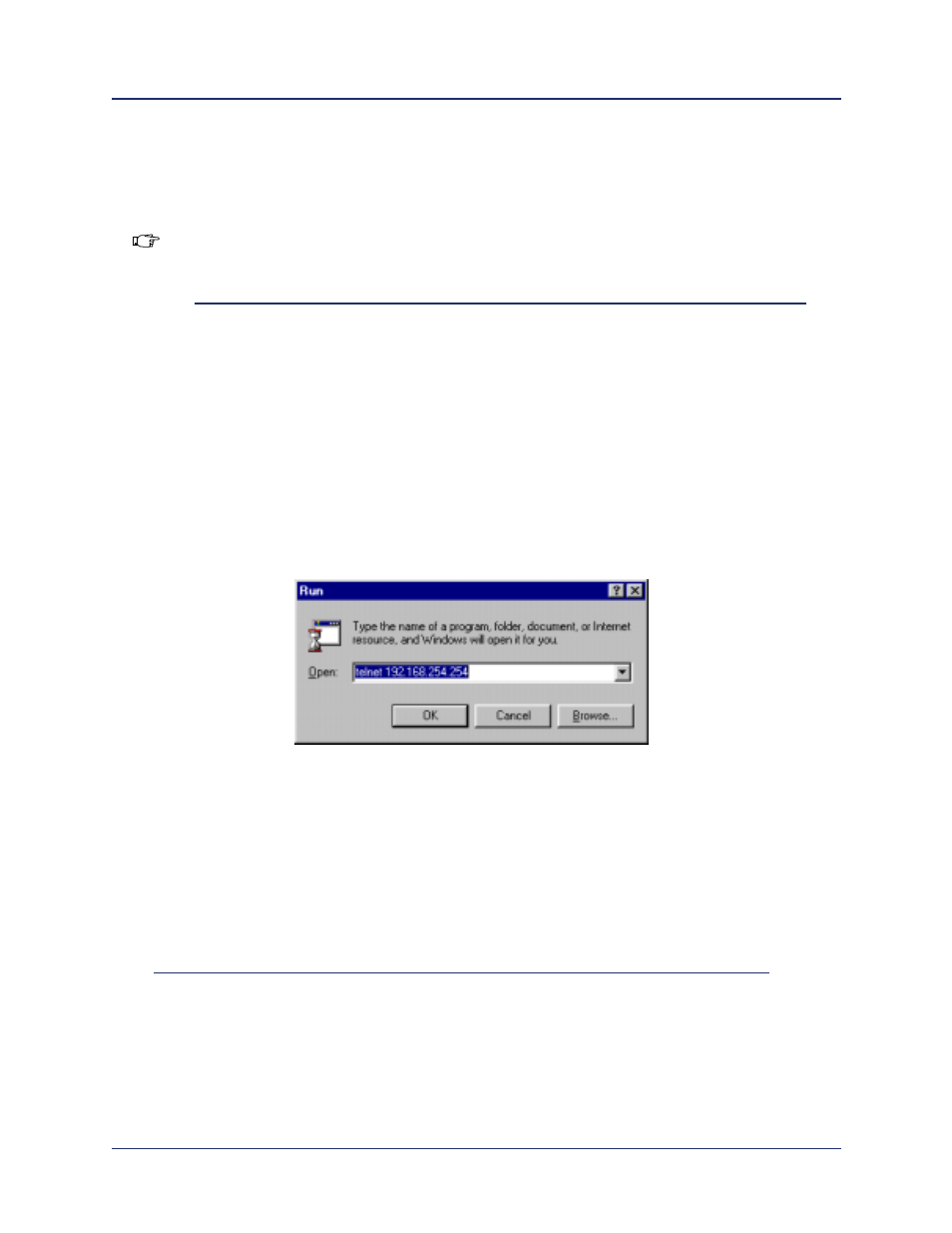 Telnet session for remote access, Step2 start a telnet session, B. in the run dialog box (or shell) window, enter | C. click ok, or press <enter, Telnet session for remote access -7 | Efficient Networks 107-0001-000 User Manual | Page 29 / 516