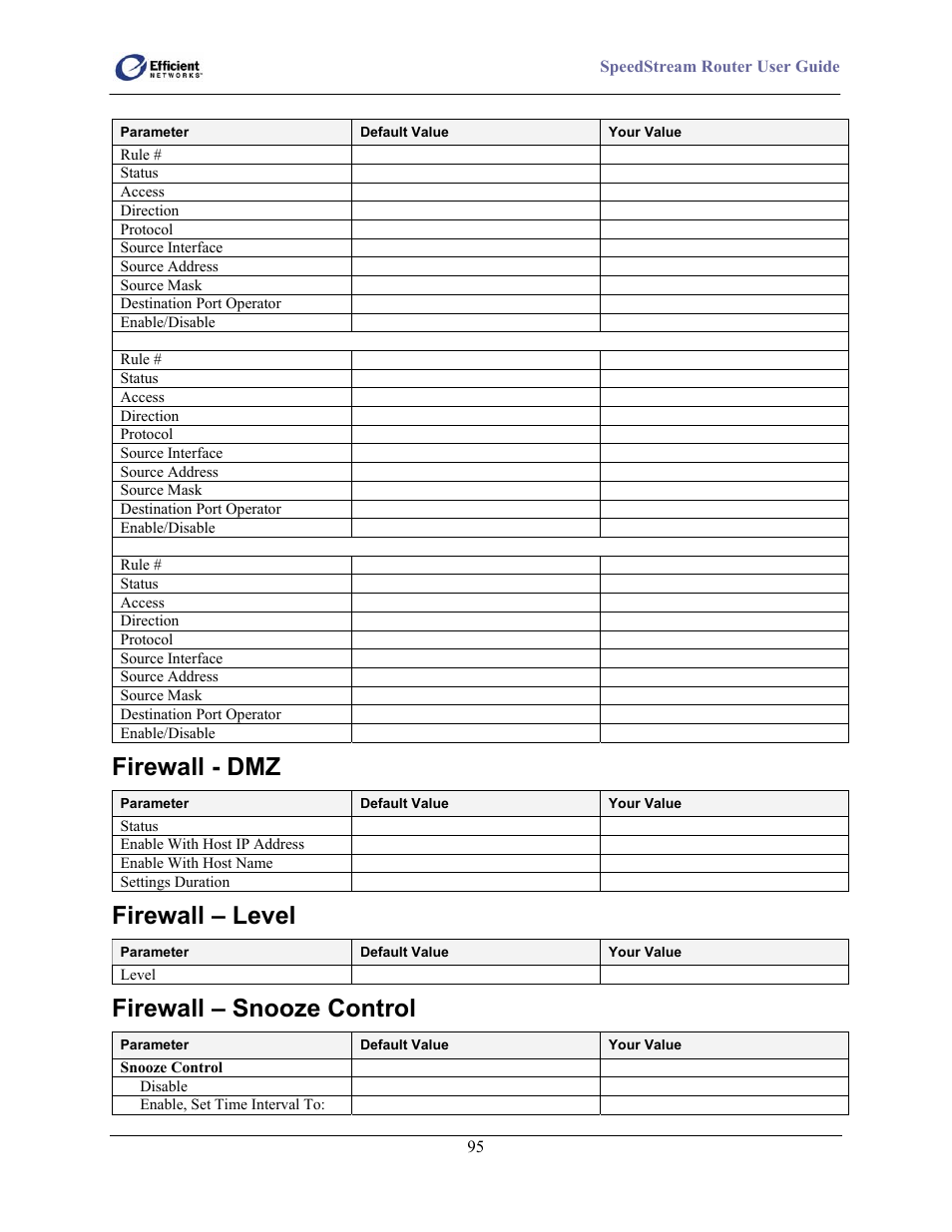 Firewall - dmz, Firewall – level, Firewall – snooze control | Efficient Networks 5100 Series User Manual | Page 105 / 129