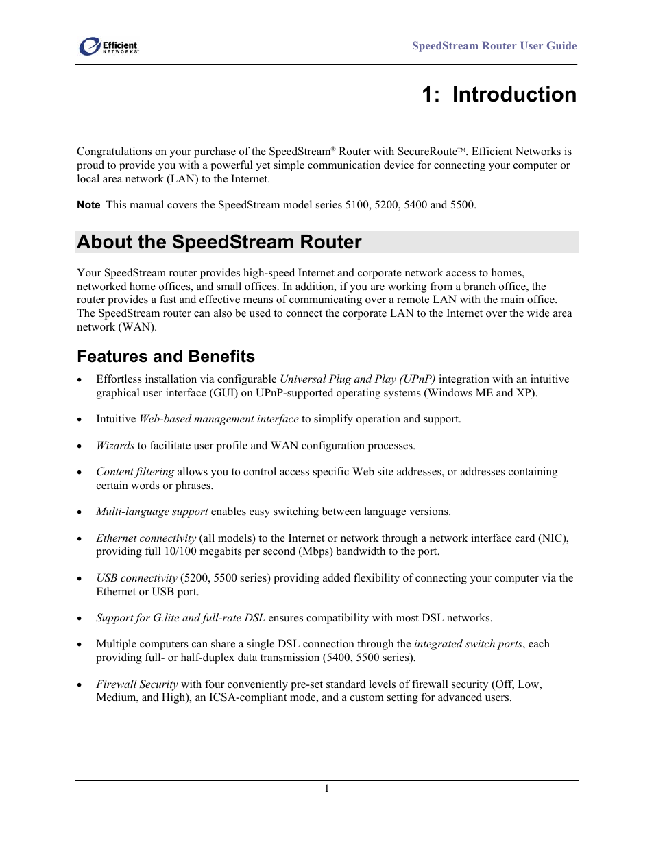 About the speedstream router, Features and benefits, Introduction | Efficient Networks 5100 Series User Manual | Page 11 / 129