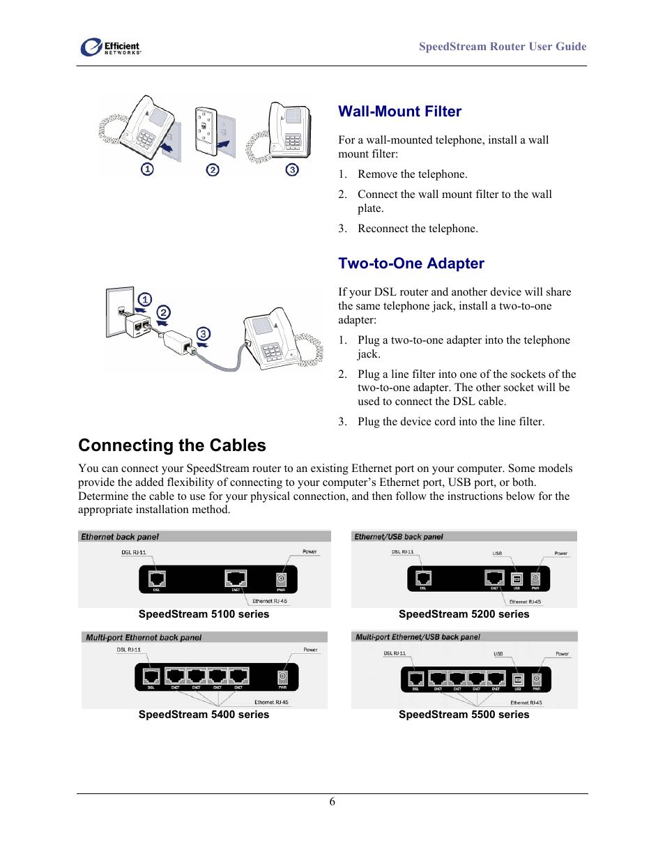 Connecting the cables, Wall-mount filter, Two-to-one adapter | Efficient Networks 5100 Series User Manual | Page 16 / 129