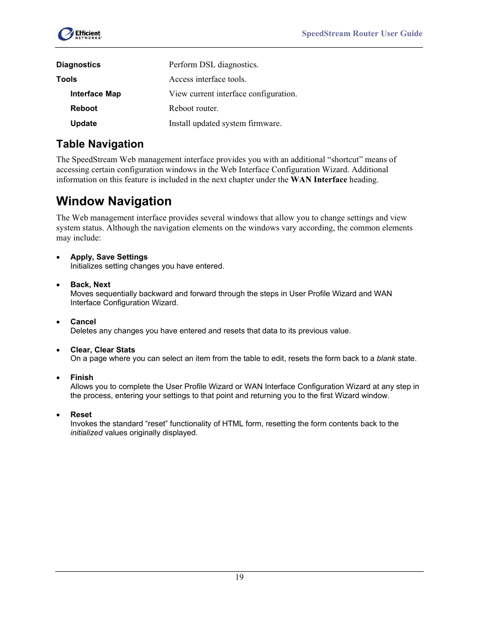 Table navigation, Window navigation | Efficient Networks 5100 Series User Manual | Page 29 / 129