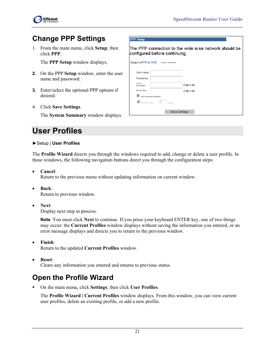 Change ppp settings, User profiles, Open the profile wizard | Efficient Networks 5100 Series User Manual | Page 31 / 129