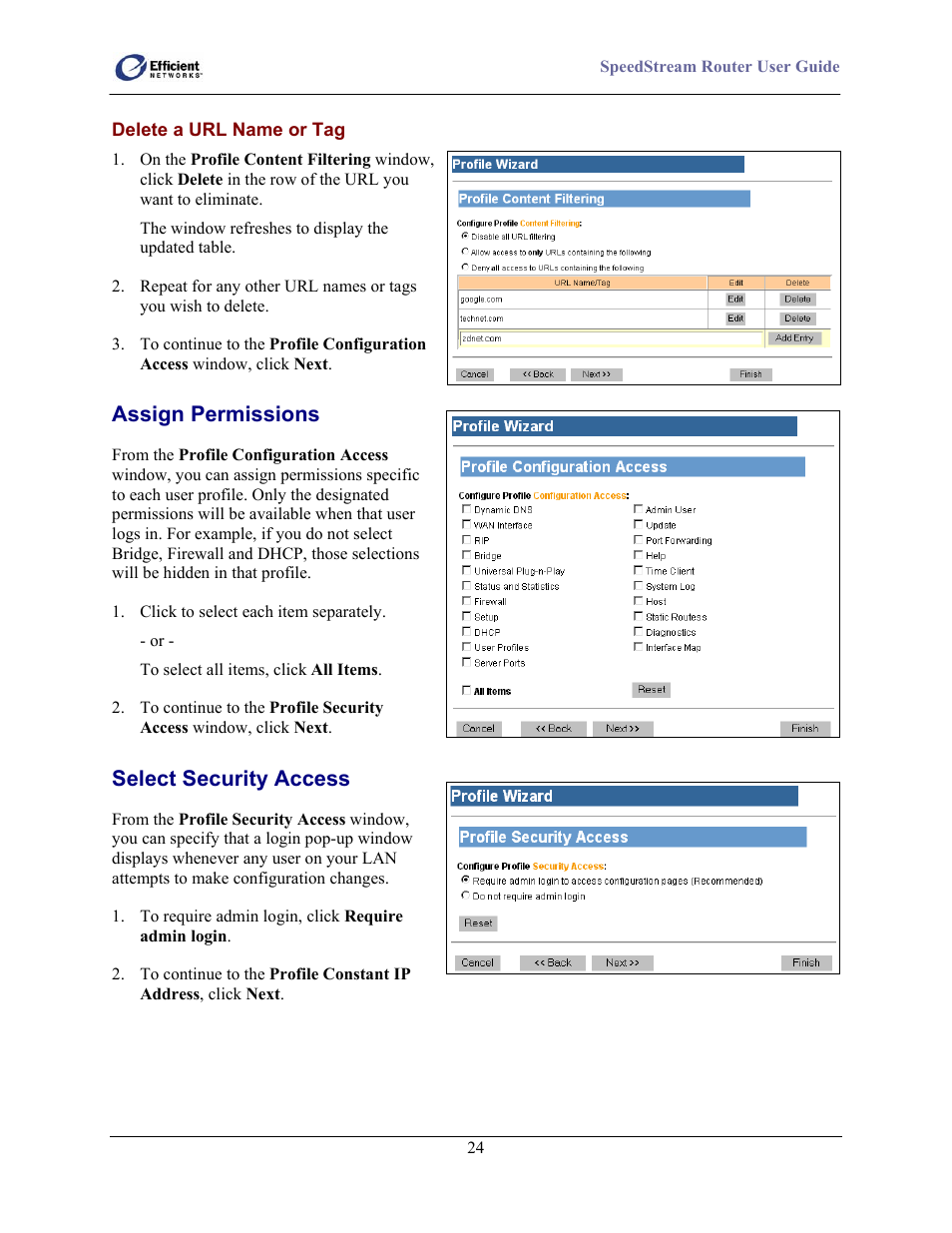 Delete a url name or tag, Assign permissions, Select security access | Efficient Networks 5100 Series User Manual | Page 34 / 129