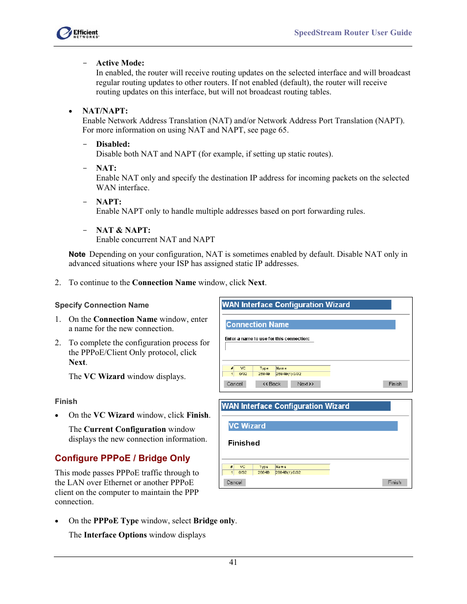 Specify connection name, Finish, Configure pppoe / bridge only | Efficient Networks 5100 Series User Manual | Page 51 / 129
