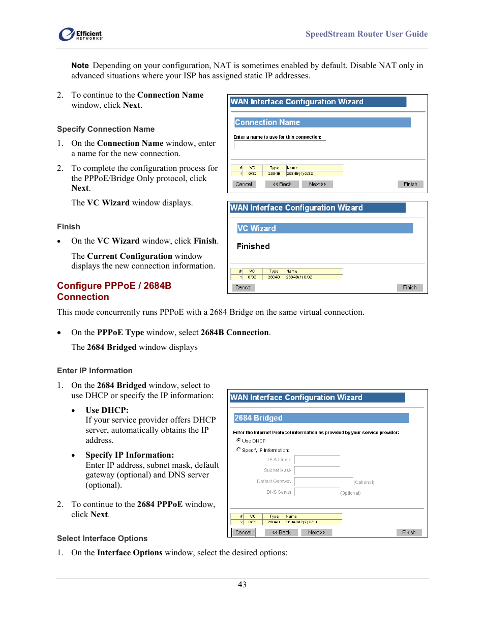Specify connection name, Finish, Configure pppoe / 2684b connection | Enter ip information, Select interface options | Efficient Networks 5100 Series User Manual | Page 53 / 129