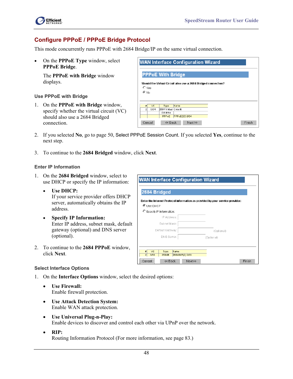 Configure pppoe / pppoe bridge protocol, Use pppoe with bridge, Enter ip information | Select interface options | Efficient Networks 5100 Series User Manual | Page 58 / 129
