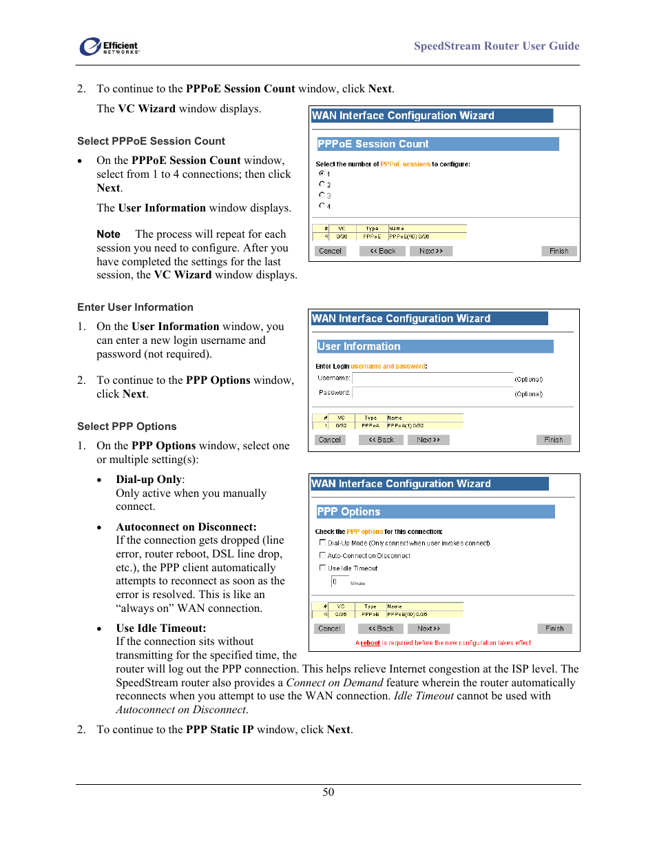 Select pppoe session count, Enter user information, Select ppp options | Efficient Networks 5100 Series User Manual | Page 60 / 129