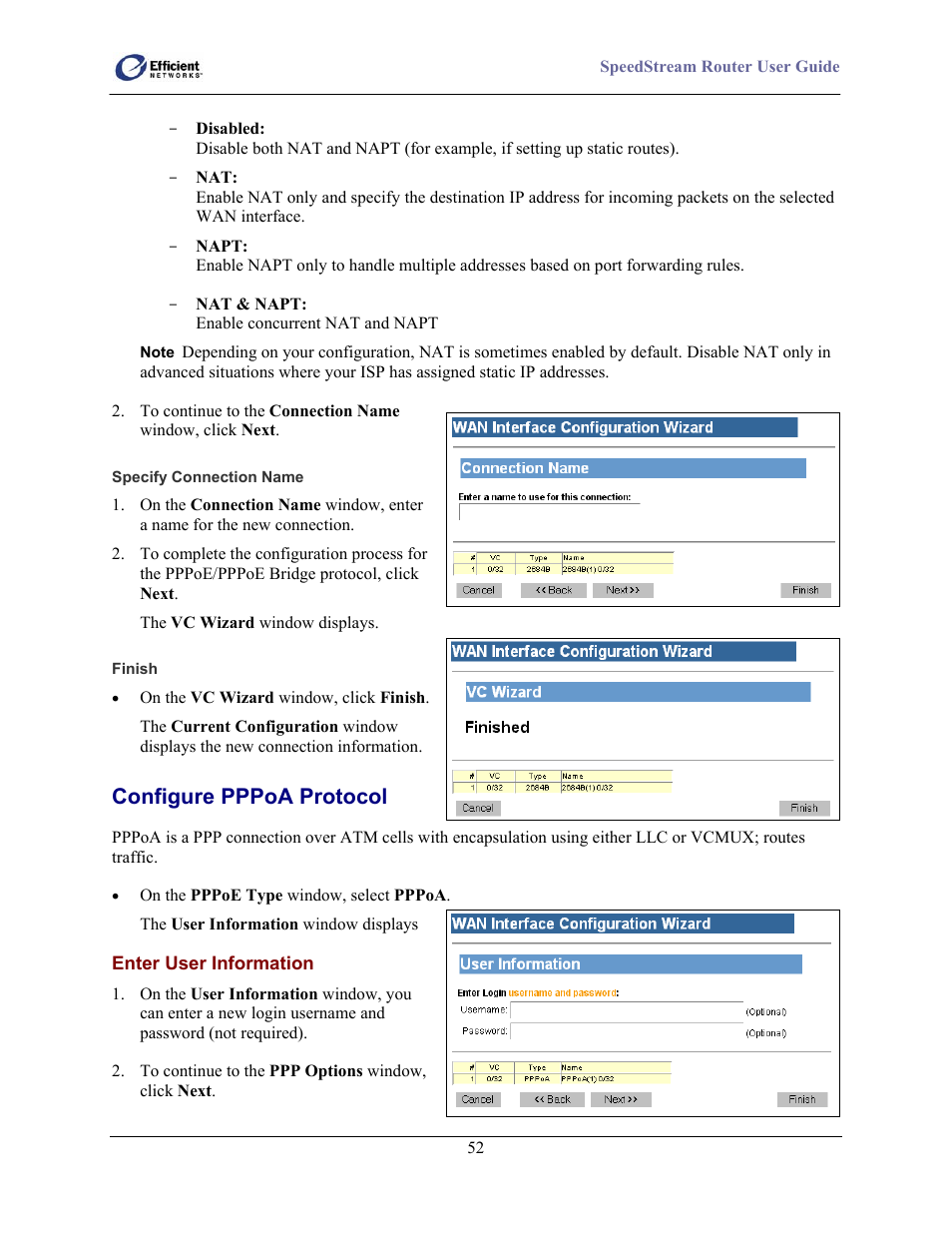 Specify connection name, Finish, Enter user information | Configure pppoa protocol | Efficient Networks 5100 Series User Manual | Page 62 / 129