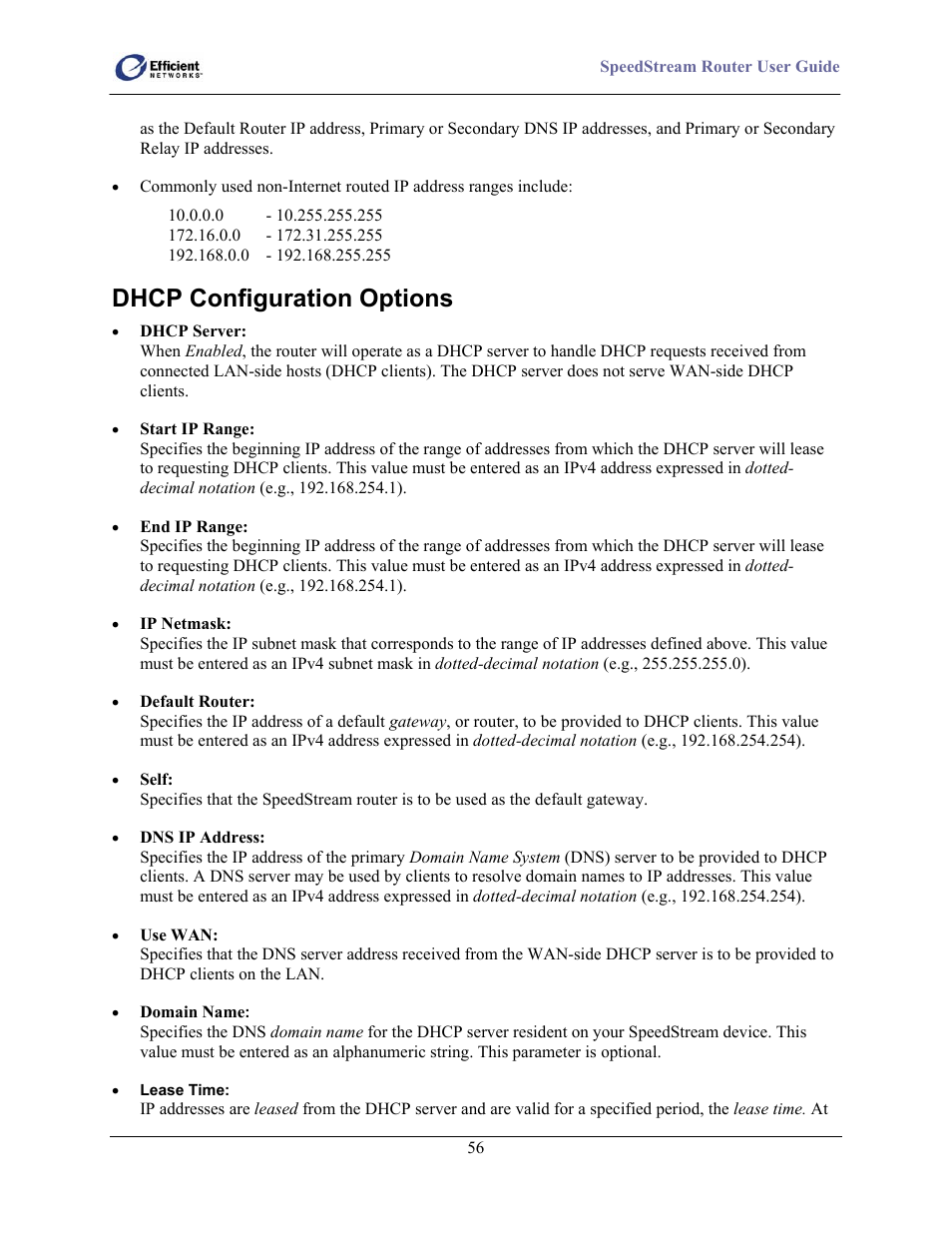 Dhcp configuration options | Efficient Networks 5100 Series User Manual | Page 66 / 129