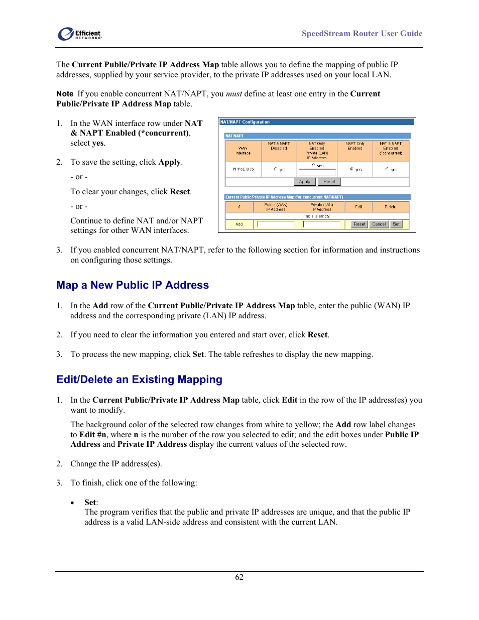 Map a new public ip address, Edit/delete an existing mapping | Efficient Networks 5100 Series User Manual | Page 72 / 129