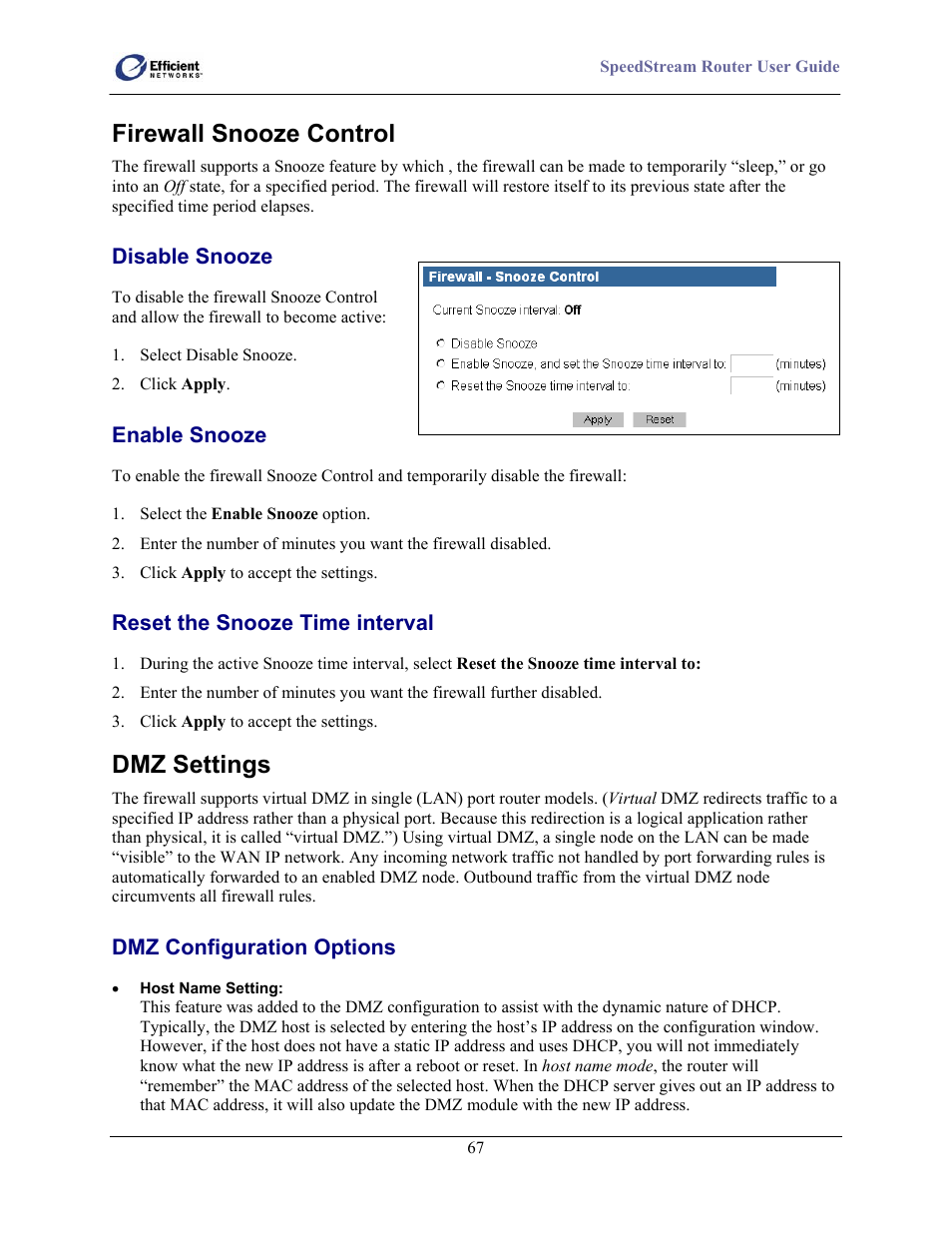 Firewall snooze control, Dmz settings | Efficient Networks 5100 Series User Manual | Page 77 / 129