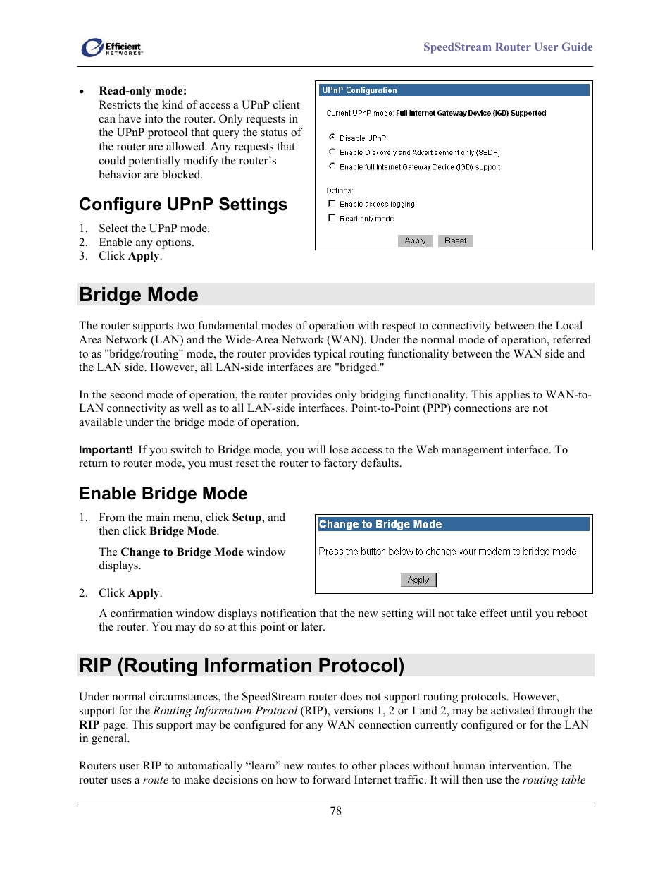 Configure upnp settings, Bridge mode, Enable bridge mode | Rip (routing information protocol) | Efficient Networks 5100 Series User Manual | Page 88 / 129