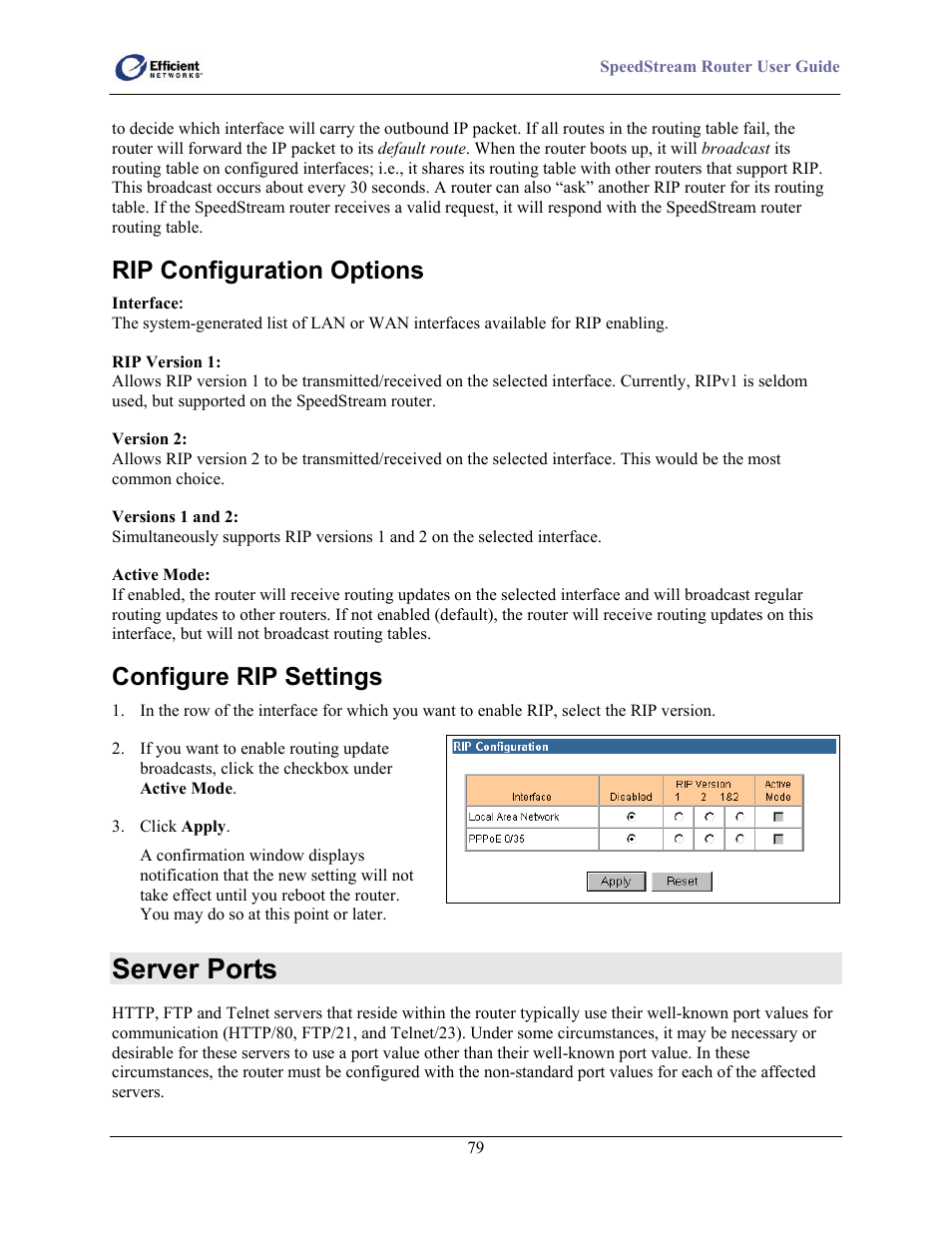 Rip configuration options, Configure rip settings, Server ports | Efficient Networks 5100 Series User Manual | Page 89 / 129