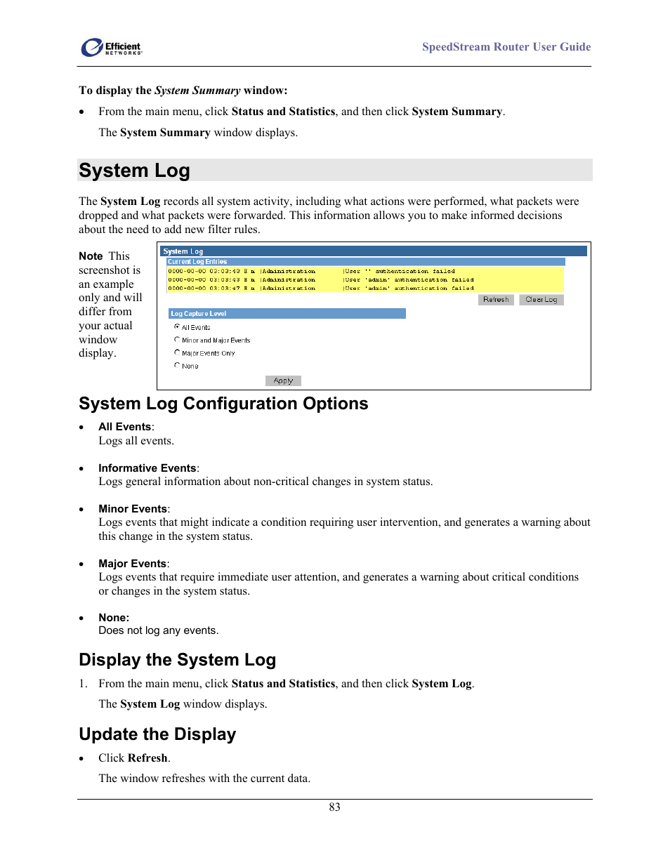 System log, System log configuration options, Display the system log | Update the display | Efficient Networks 5100 Series User Manual | Page 93 / 129