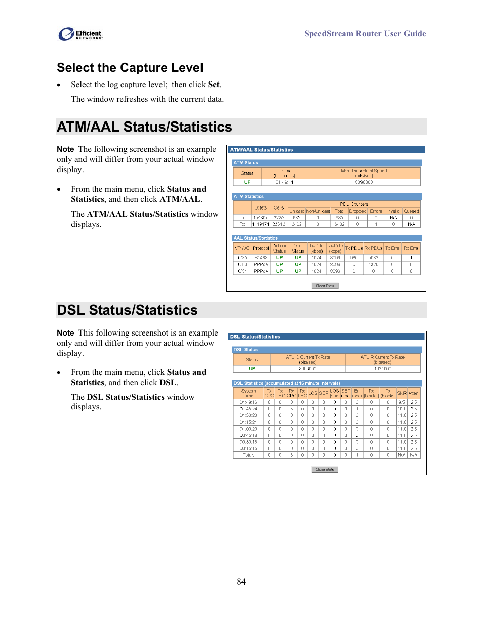 Select the capture level, Atm/aal status/statistics, Dsl status/statistics | Efficient Networks 5100 Series User Manual | Page 94 / 129