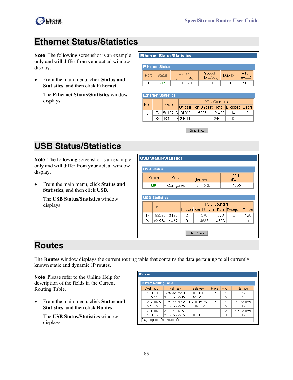 Ethernet status/statistics, Usb status/statistics, Routes | Efficient Networks 5100 Series User Manual | Page 95 / 129