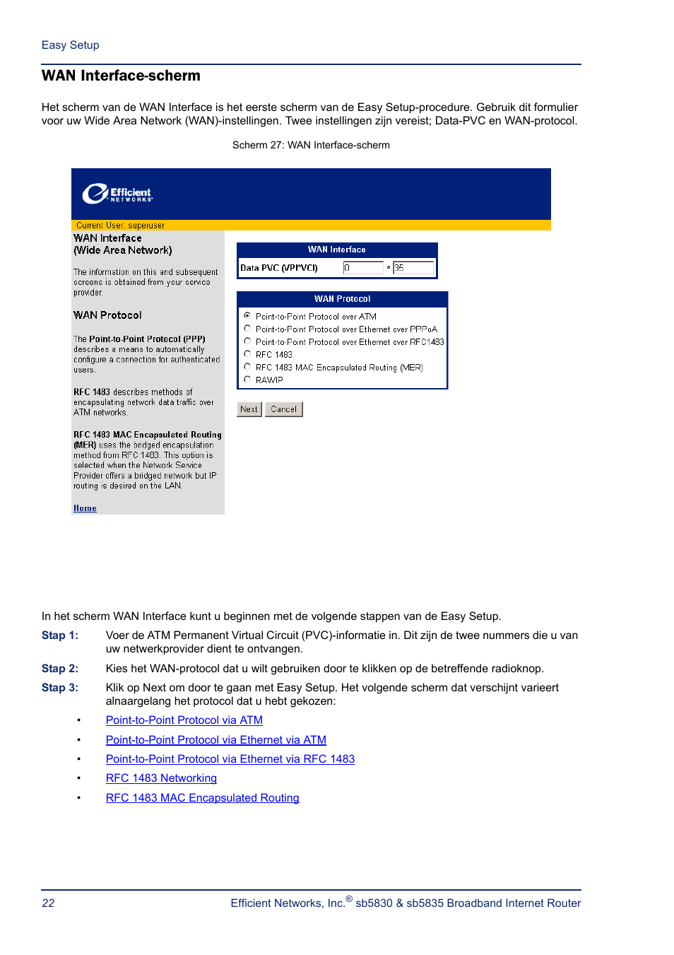 Wan interface-scherm | Efficient Networks SB5835 User Manual | Page 22 / 83