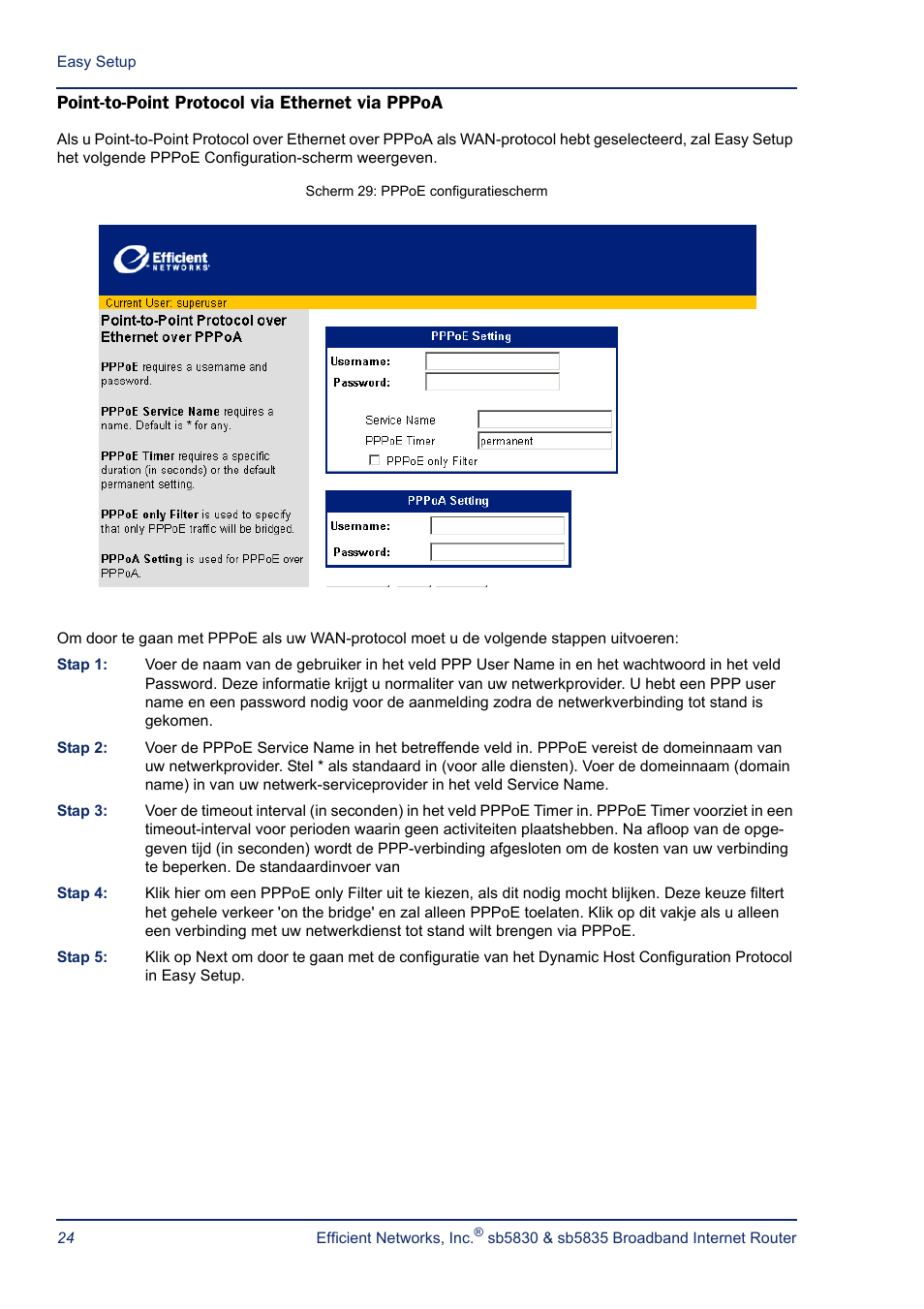 Point-to-point protocol via ethernet via pppoa, Point-to-point protocol via ethernet via atm | Efficient Networks SB5835 User Manual | Page 24 / 83