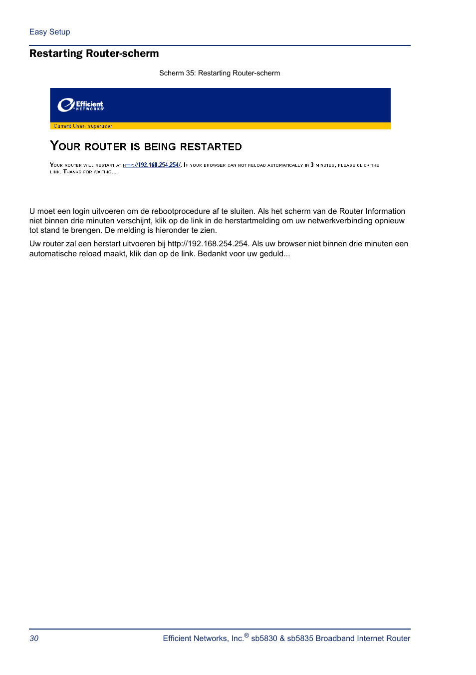 Restarting router-scherm | Efficient Networks SB5835 User Manual | Page 30 / 83