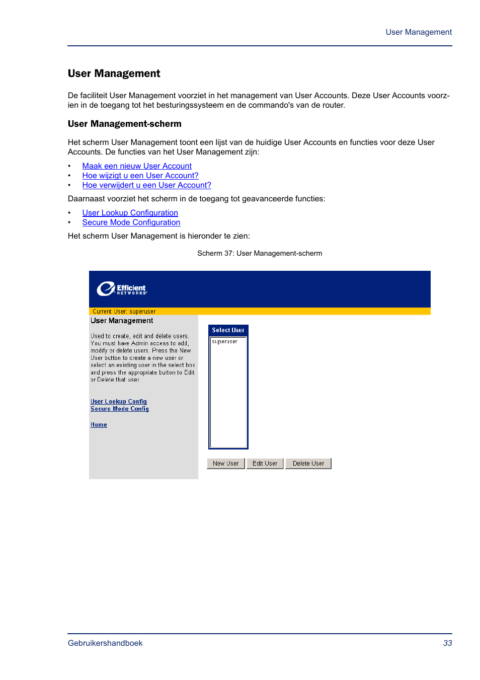 User management, User management-scherm | Efficient Networks SB5835 User Manual | Page 33 / 83