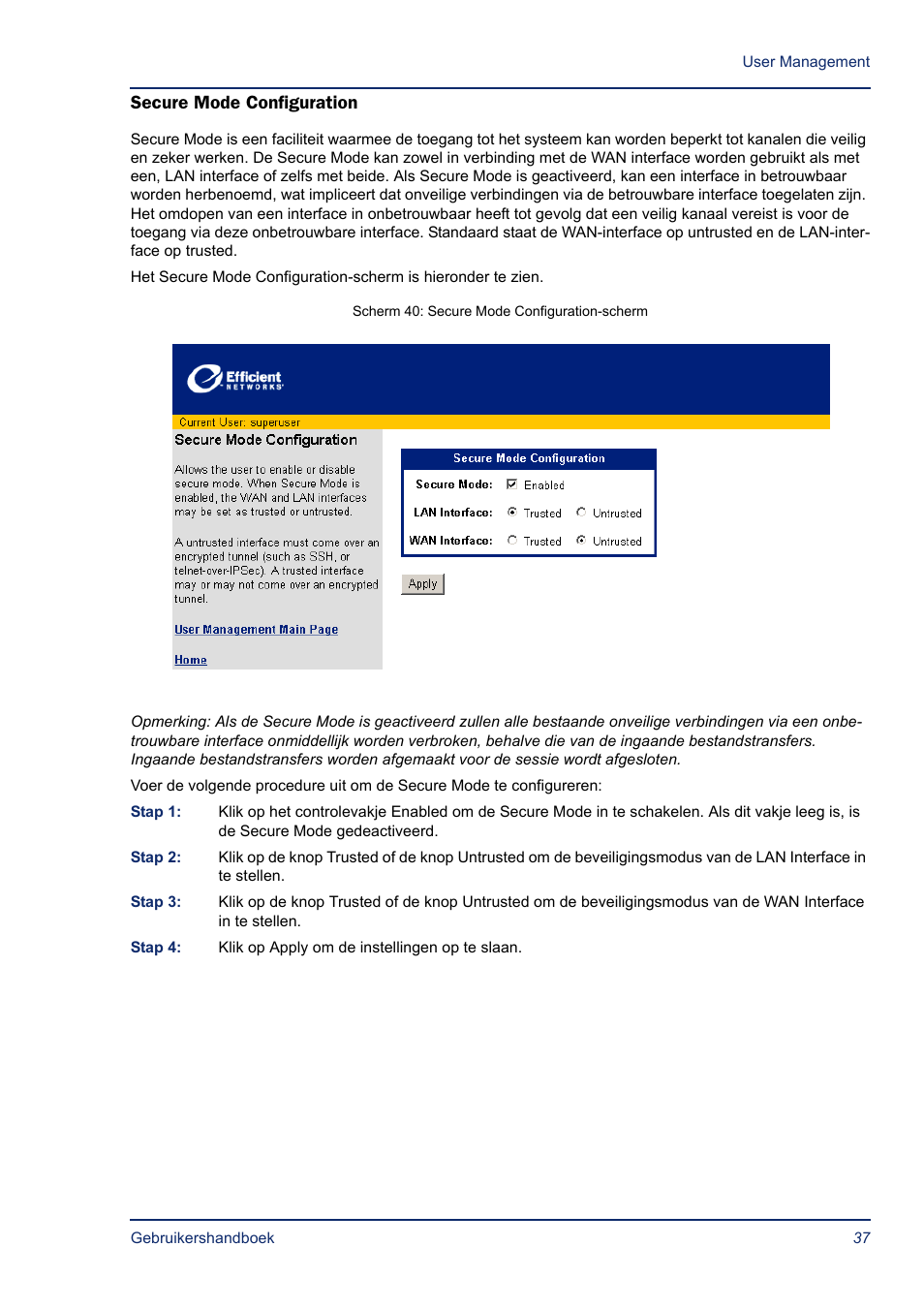 Secure mode configuration | Efficient Networks SB5835 User Manual | Page 37 / 83